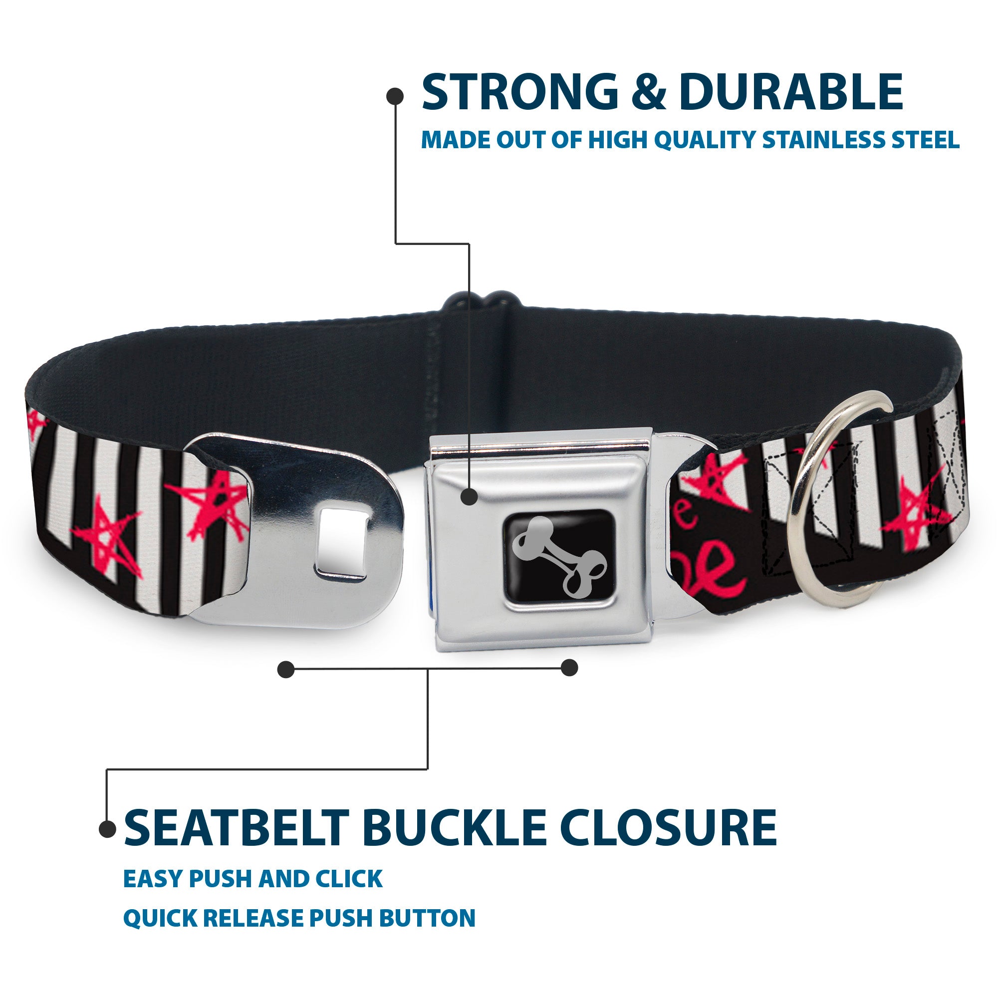 Dog Bone Black/Silver Seatbelt Buckle Collar - Love Me w/Sketch Stars & Stripes Black/White/Fuchsia Seatbelt Buckle Collars Buckle-Down