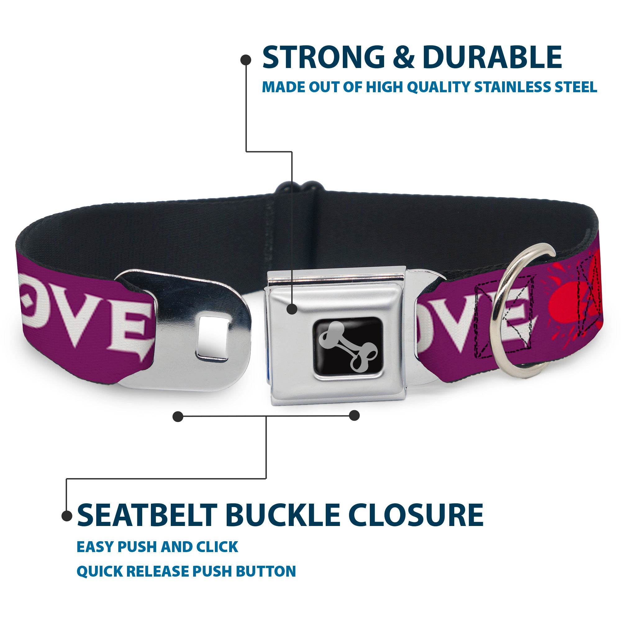 Dog Bone Seatbelt Buckle Collar - Love/Hate Purple/White/Fuchsia Seatbelt Buckle Collars Buckle-Down