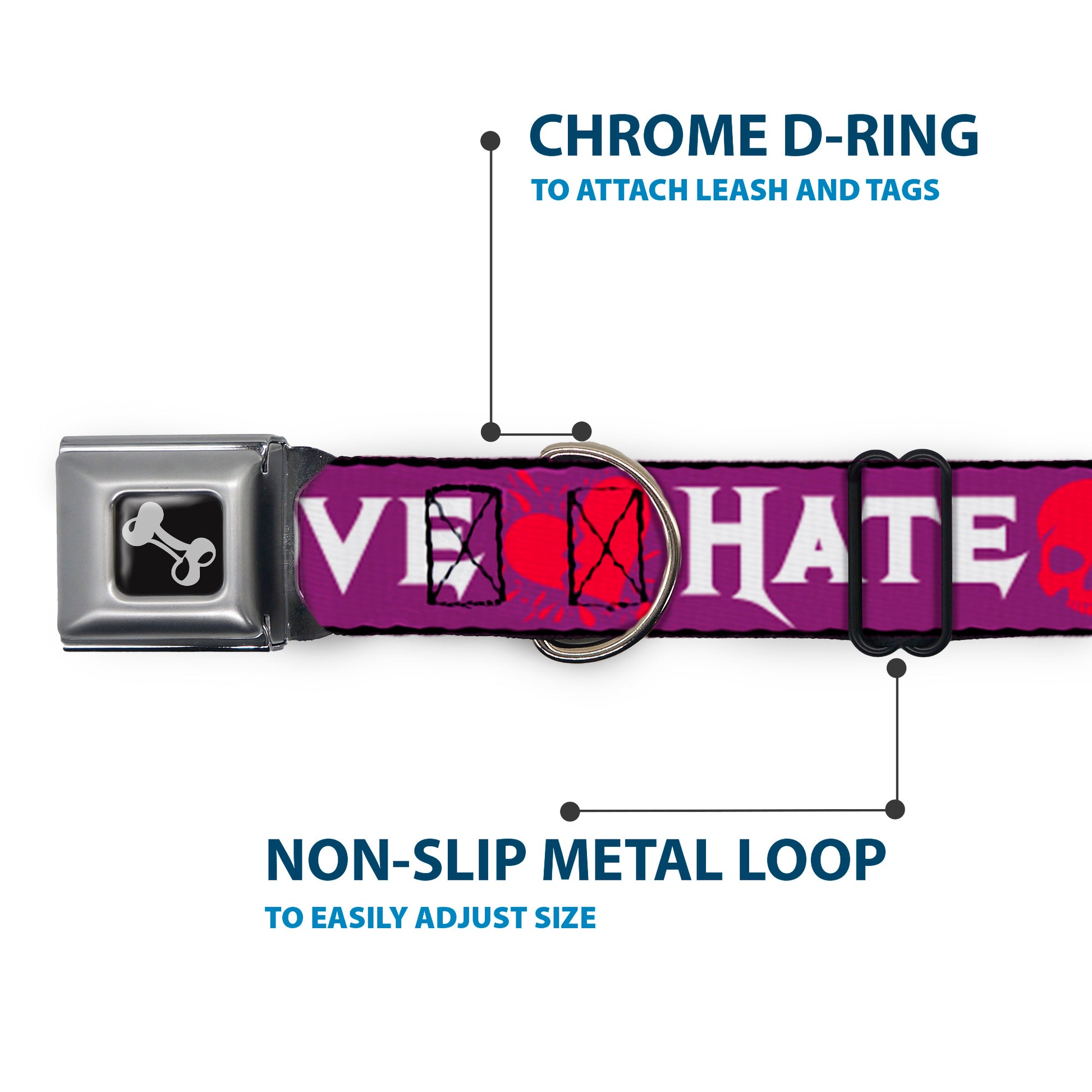 Dog Bone Seatbelt Buckle Collar - Love/Hate Purple/White/Fuchsia Seatbelt Buckle Collars Buckle-Down