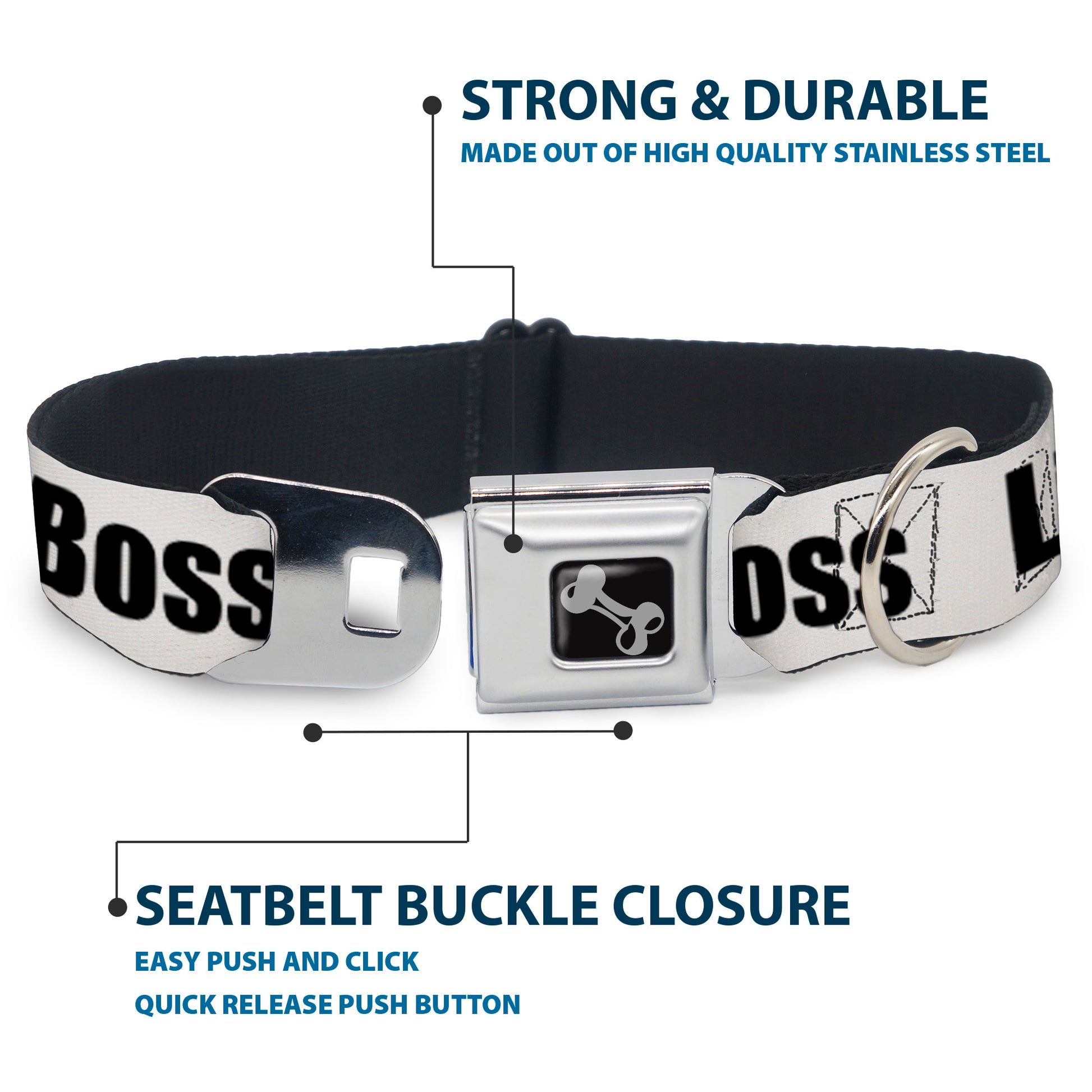 Dog Bone Seatbelt Buckle Collar - LIKE A BOSS White/Black Seatbelt Buckle Collars Buckle-Down