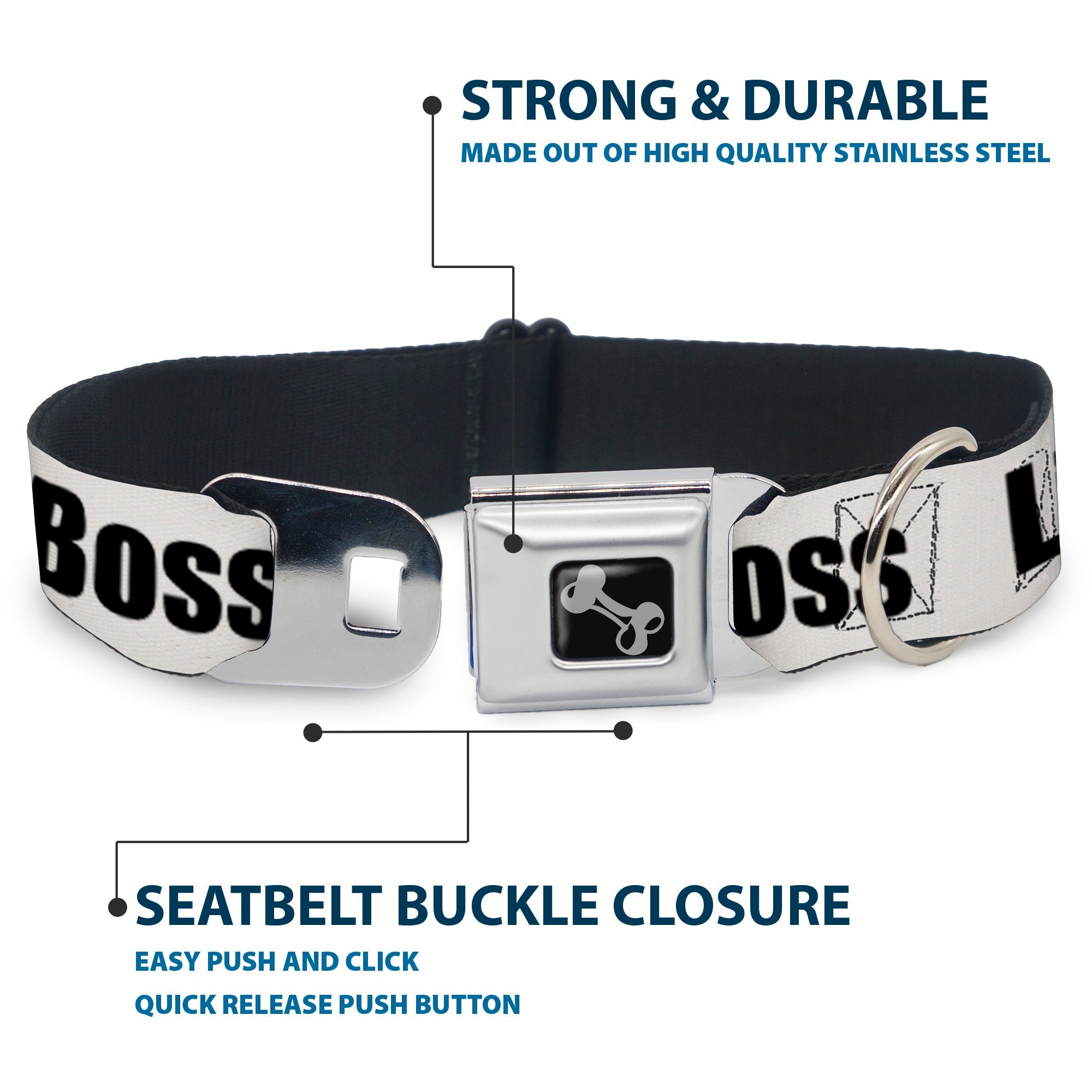 Dog Bone Seatbelt Buckle Collar - LIKE A BOSS White/Black Seatbelt Buckle Collars Buckle-Down