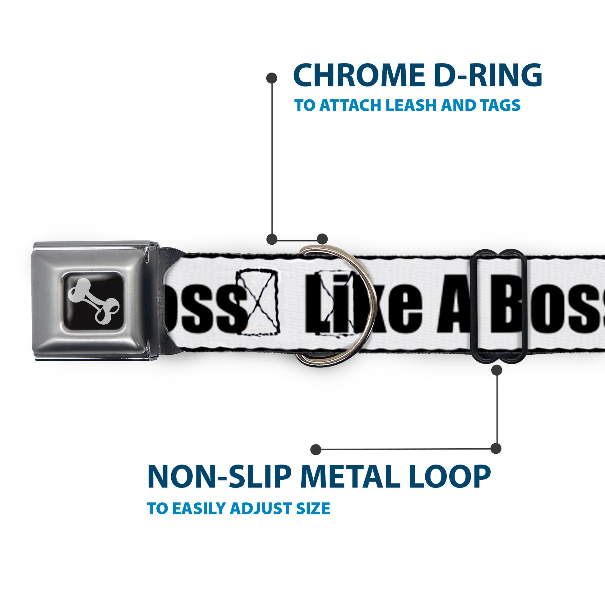 Dog Bone Seatbelt Buckle Collar - LIKE A BOSS White/Black Seatbelt Buckle Collars Buckle-Down