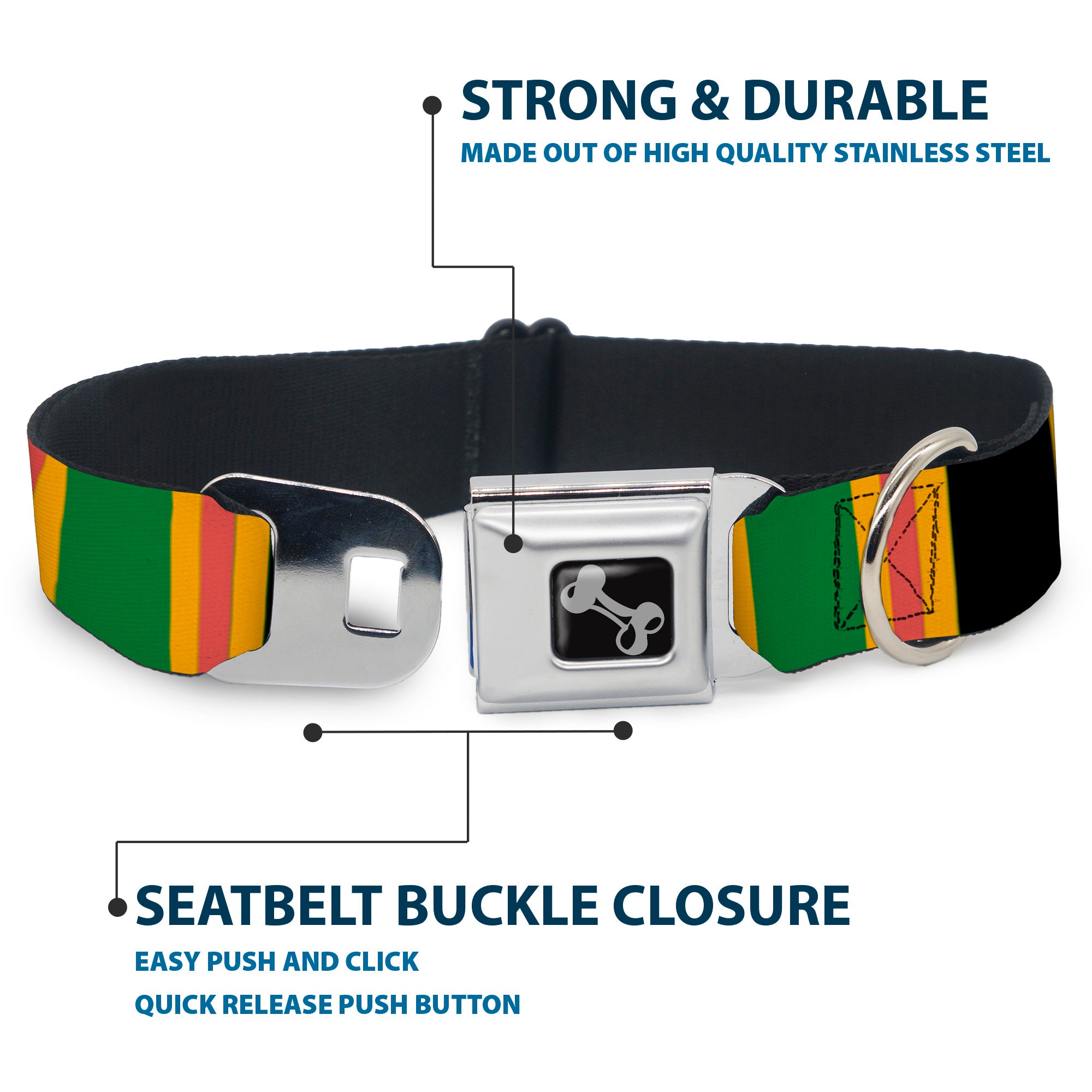 Dog Bone Seatbelt Buckle Collar - Lines Black/Gold/Pink/Green Seatbelt Buckle Collars Buckle-Down
