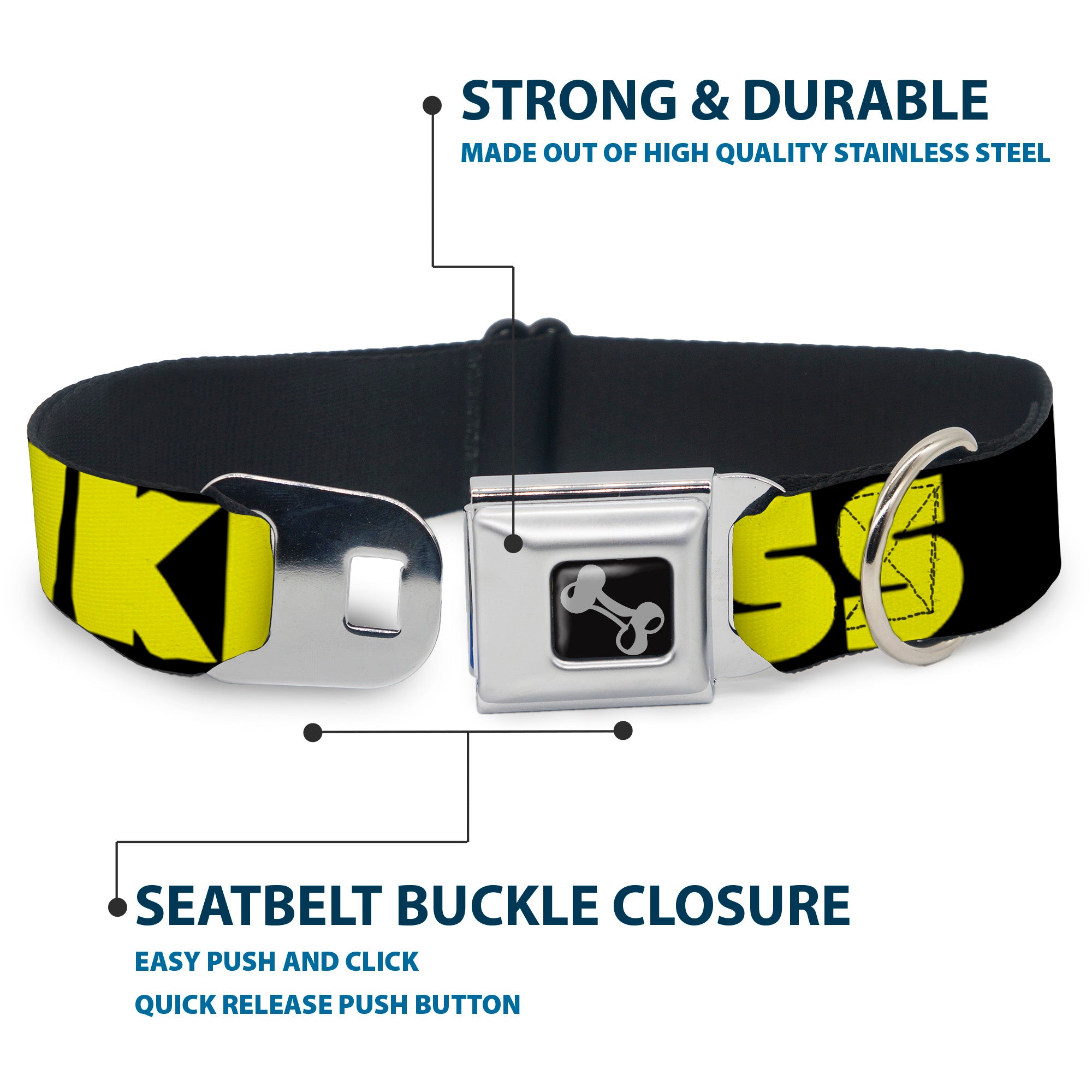 Dog Bone Black/Silver Seatbelt Buckle Collar - LIKE A BOSS Black/Yellow Seatbelt Buckle Collars Buckle-Down