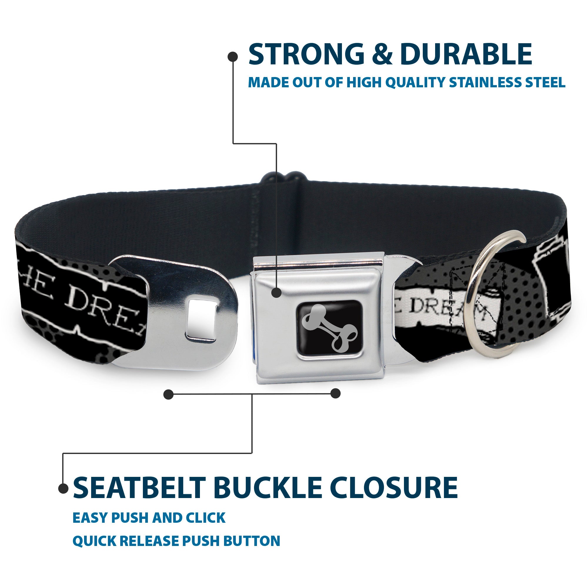 Dog Bone Seatbelt Buckle Collar - LIVING THE DREAM Scroll Gray/Black/White Seatbelt Buckle Collars Buckle-Down