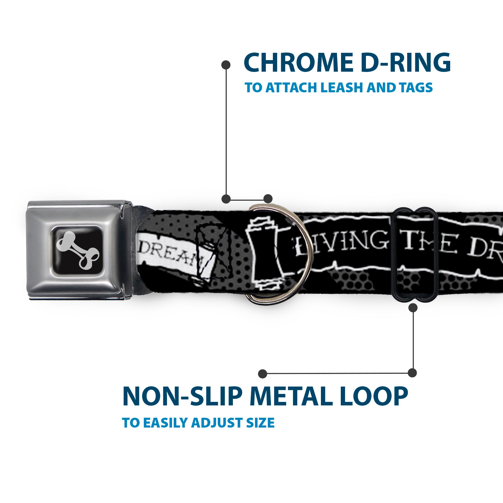 Dog Bone Seatbelt Buckle Collar - LIVING THE DREAM Scroll Gray/Black/White Seatbelt Buckle Collars Buckle-Down