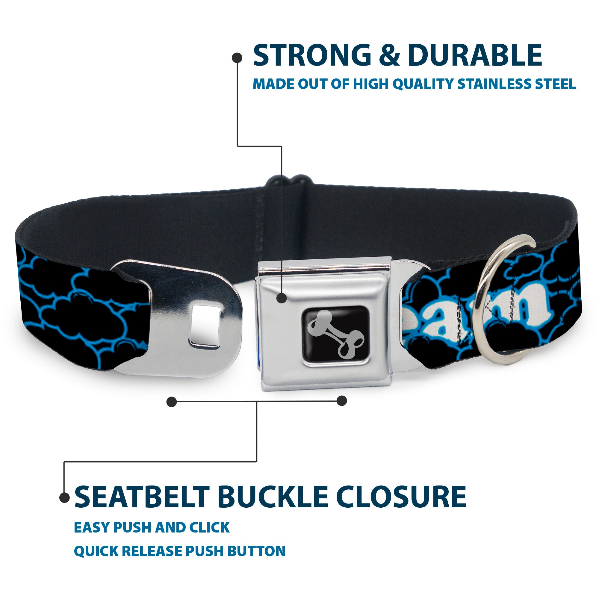 Dog Bone Seatbelt Buckle Collar - LIVING THE DREAM/Clouds Black/Blue/White Seatbelt Buckle Collars Buckle-Down
