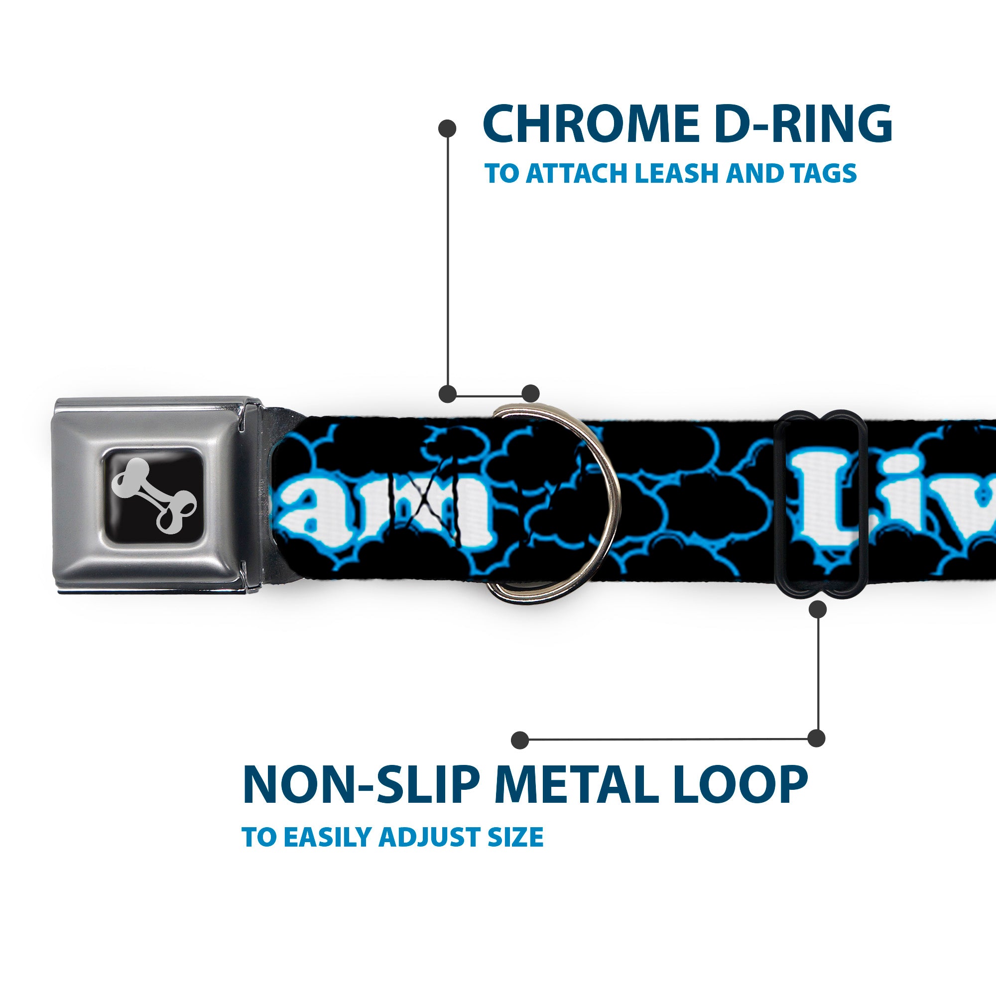 Dog Bone Seatbelt Buckle Collar - LIVING THE DREAM/Clouds Black/Blue/White Seatbelt Buckle Collars Buckle-Down