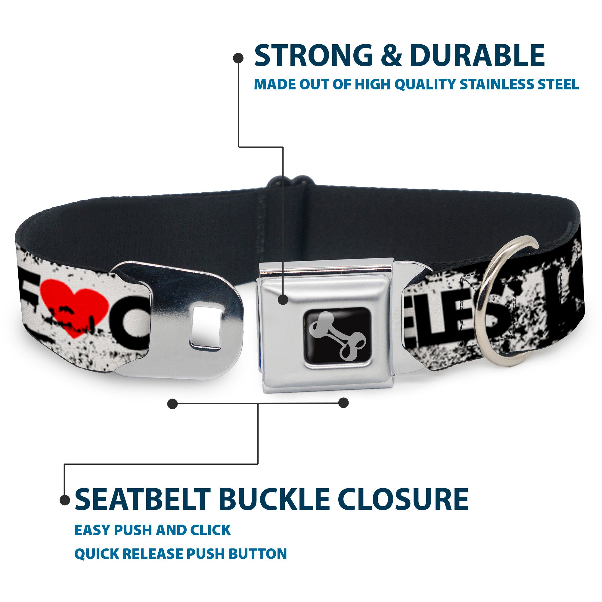 Buckle-Down Seatbelt Buckle Dog Collar - LOS F*CKIN' ANGELES Heart Weathered White/Black/Red Seatbelt Buckle Collars Buckle-Down