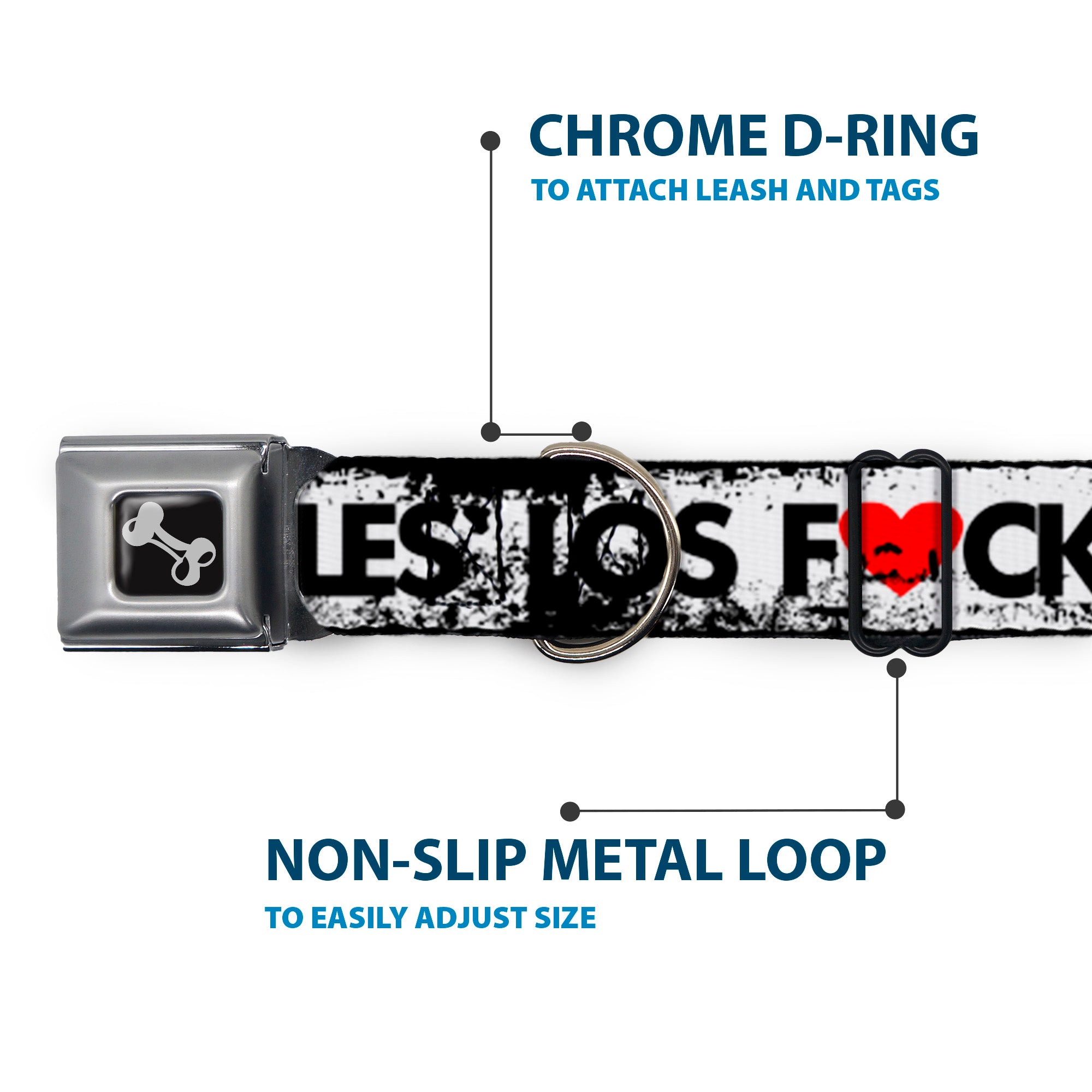 Buckle-Down Seatbelt Buckle Dog Collar - LOS F*CKIN' ANGELES Heart Weathered White/Black/Red Seatbelt Buckle Collars Buckle-Down