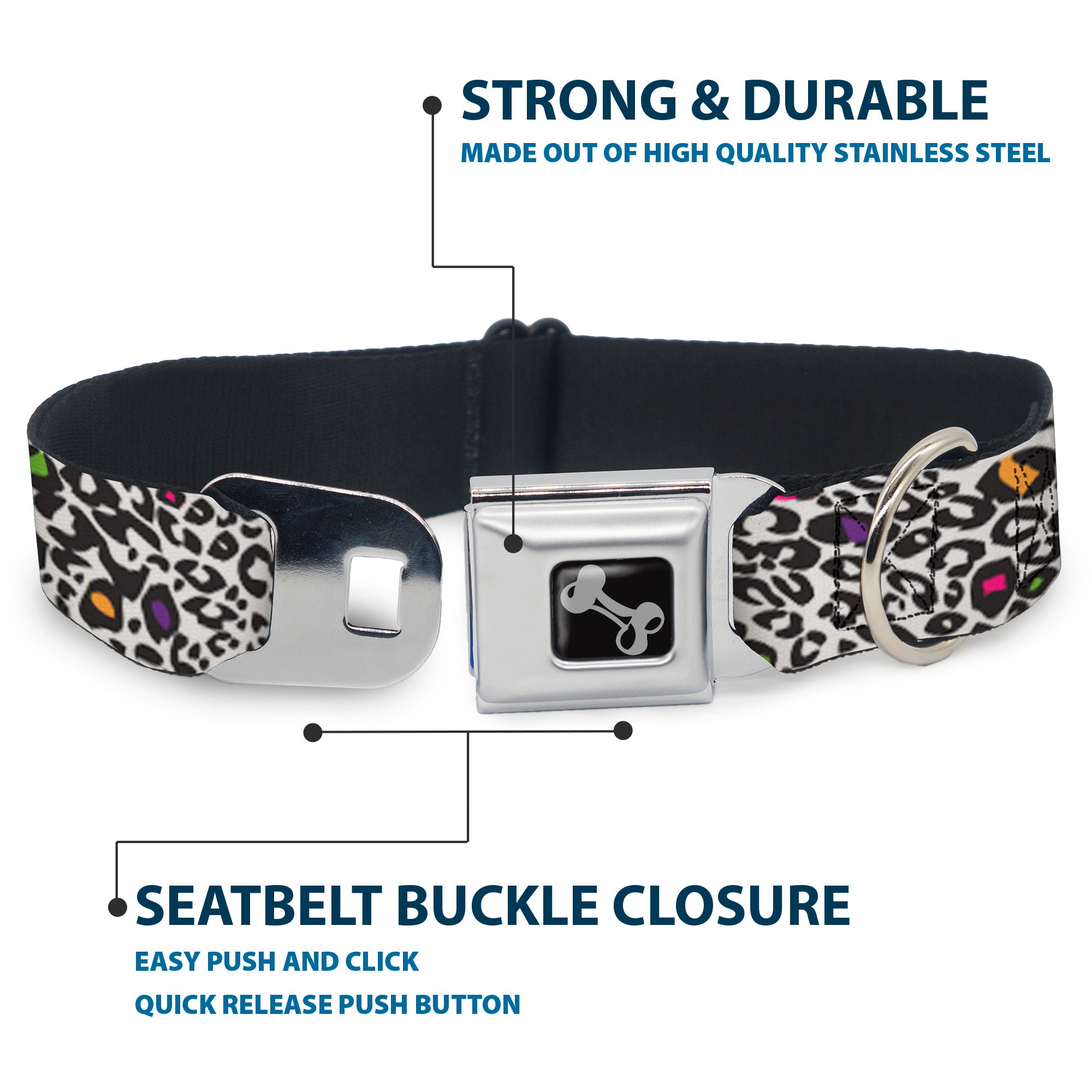 Dog Bone Seatbelt Buckle Collar - Leopard White/Black/Multi Color Seatbelt Buckle Collars Buckle-Down