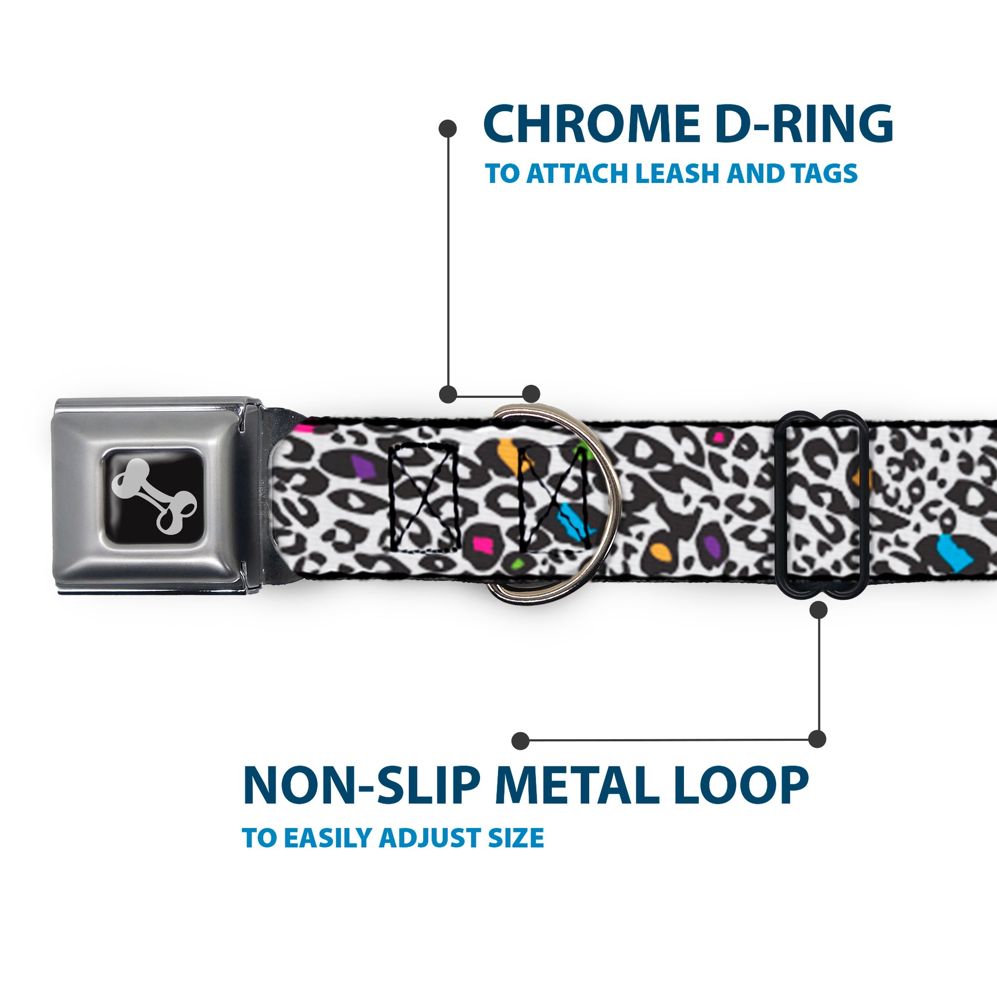 Dog Bone Seatbelt Buckle Collar - Leopard White/Black/Multi Color Seatbelt Buckle Collars Buckle-Down