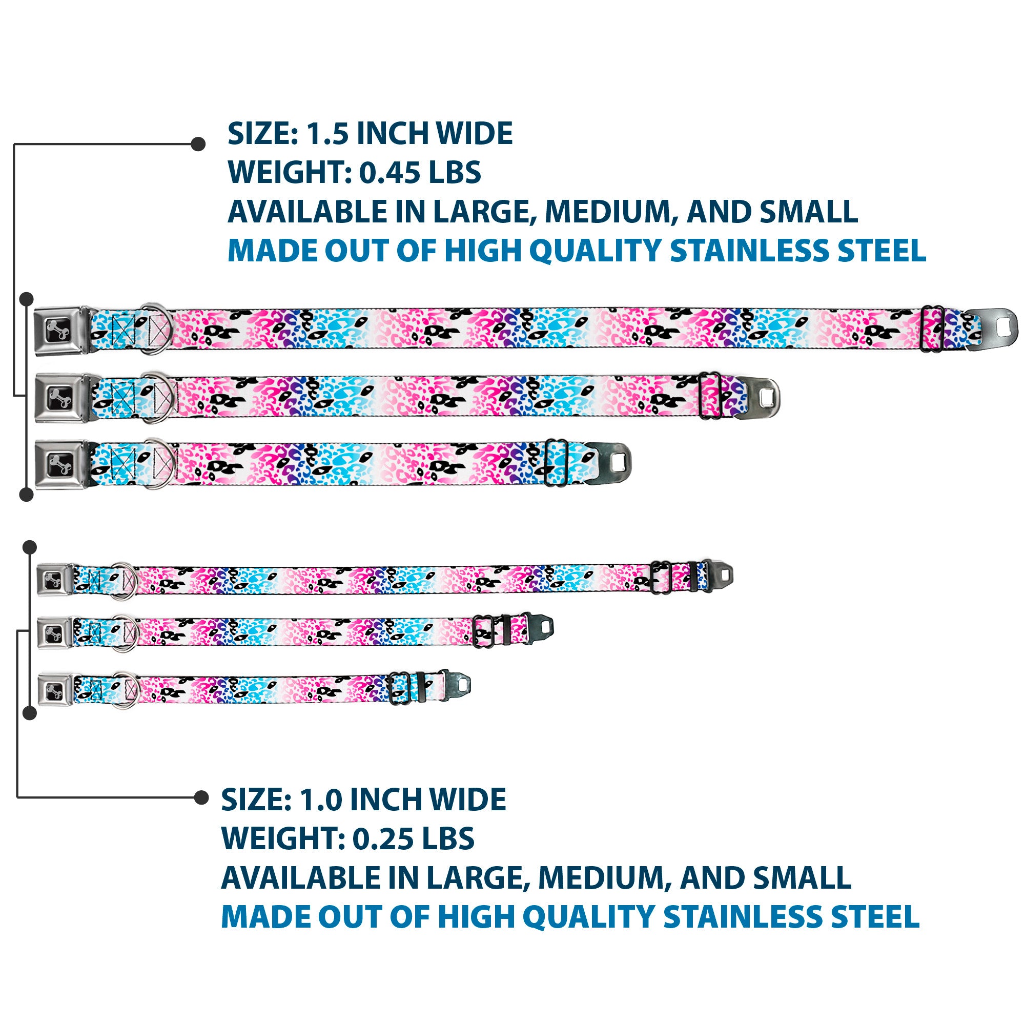 Dog Bone Seatbelt Buckle Collar - Leopard White/Pinks/Blues/Black Seatbelt Buckle Collars Buckle-Down