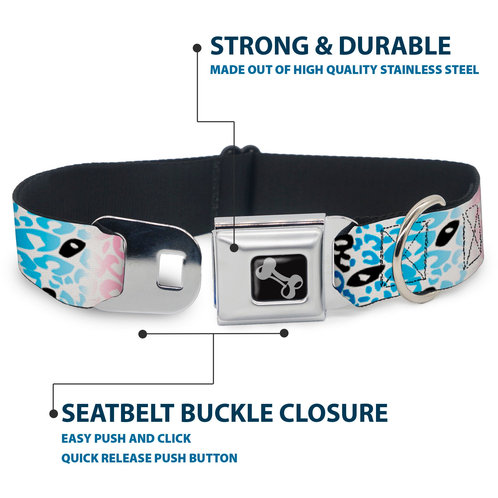 Dog Bone Seatbelt Buckle Collar - Leopard White/Pinks/Blues/Black Seatbelt Buckle Collars Buckle-Down