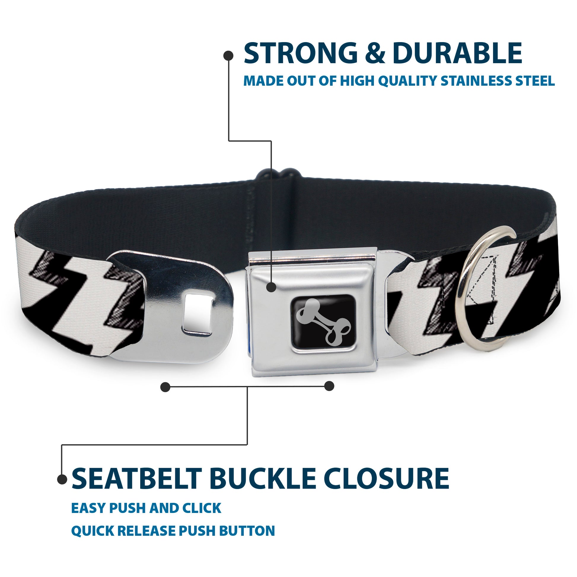 Dog Bone Seatbelt Buckle Collar - Lightning Bolts Sketch Black/White Seatbelt Buckle Collars Buckle-Down