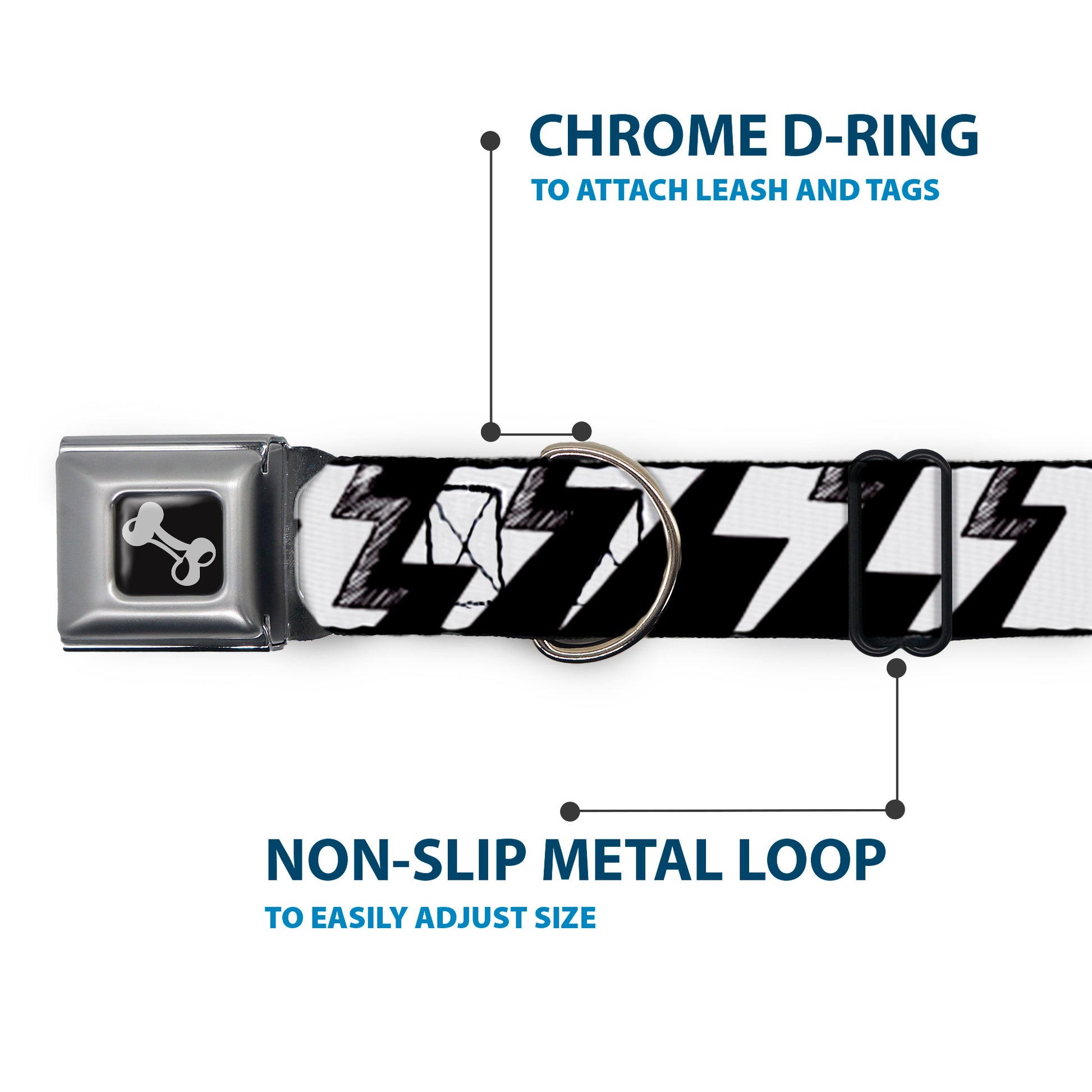 Dog Bone Seatbelt Buckle Collar - Lightning Bolts Sketch Black/White Seatbelt Buckle Collars Buckle-Down