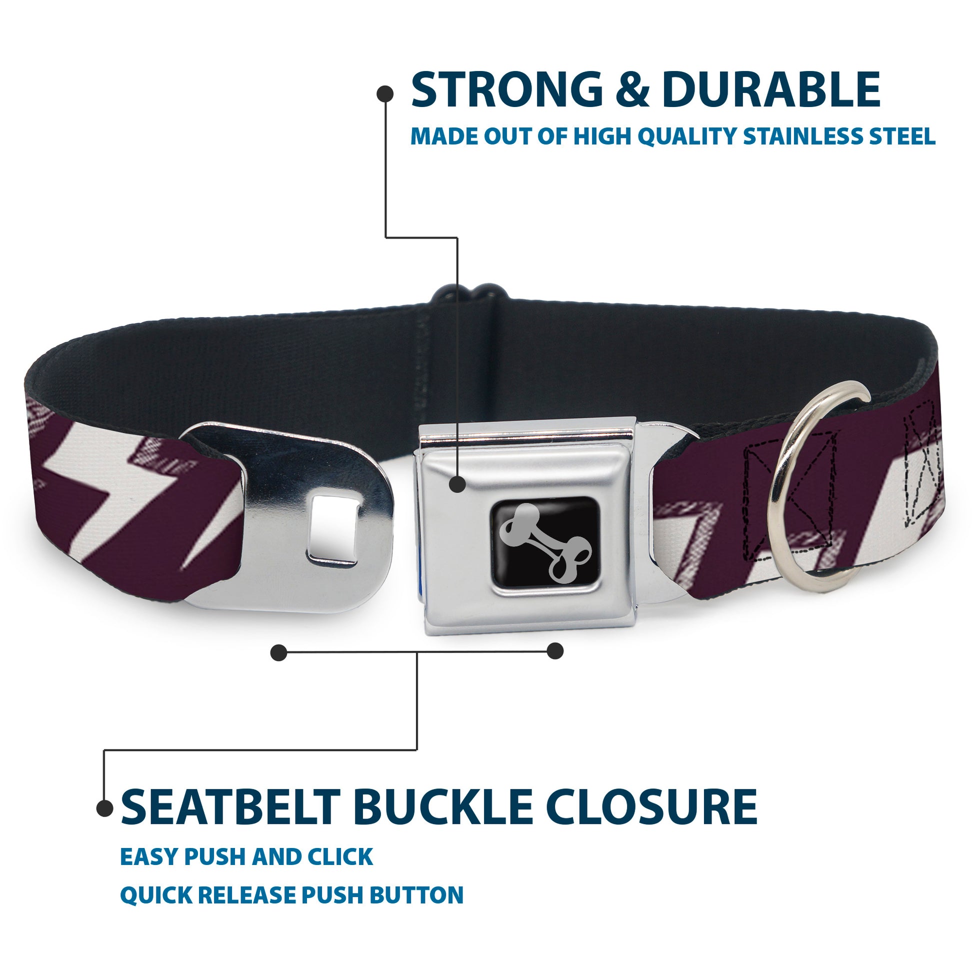 Dog Bone Seatbelt Buckle Collar - Lightning Bolts Sketch Plum/White Seatbelt Buckle Collars Buckle-Down