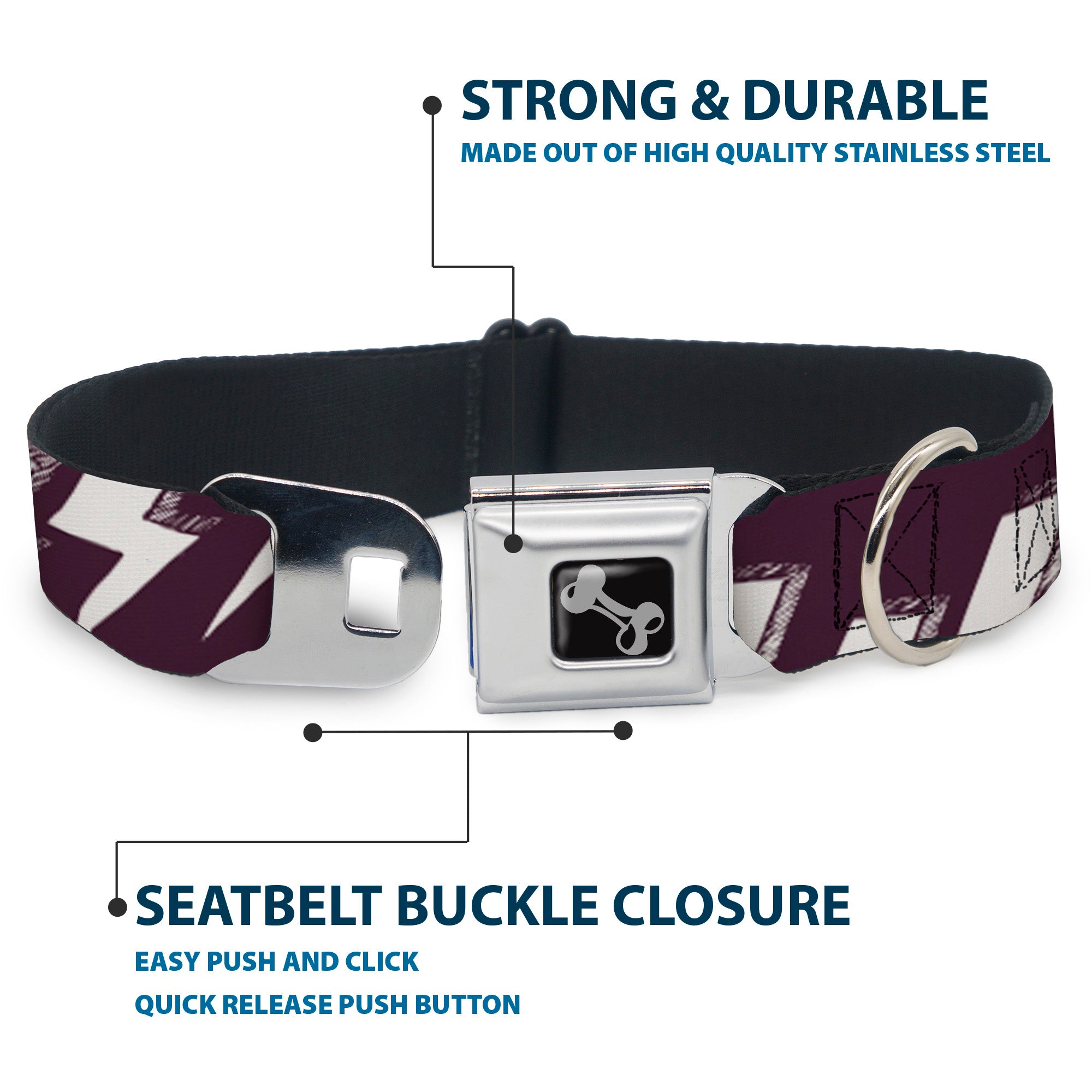 Dog Bone Seatbelt Buckle Collar - Lightning Bolts Sketch Plum/White Seatbelt Buckle Collars Buckle-Down