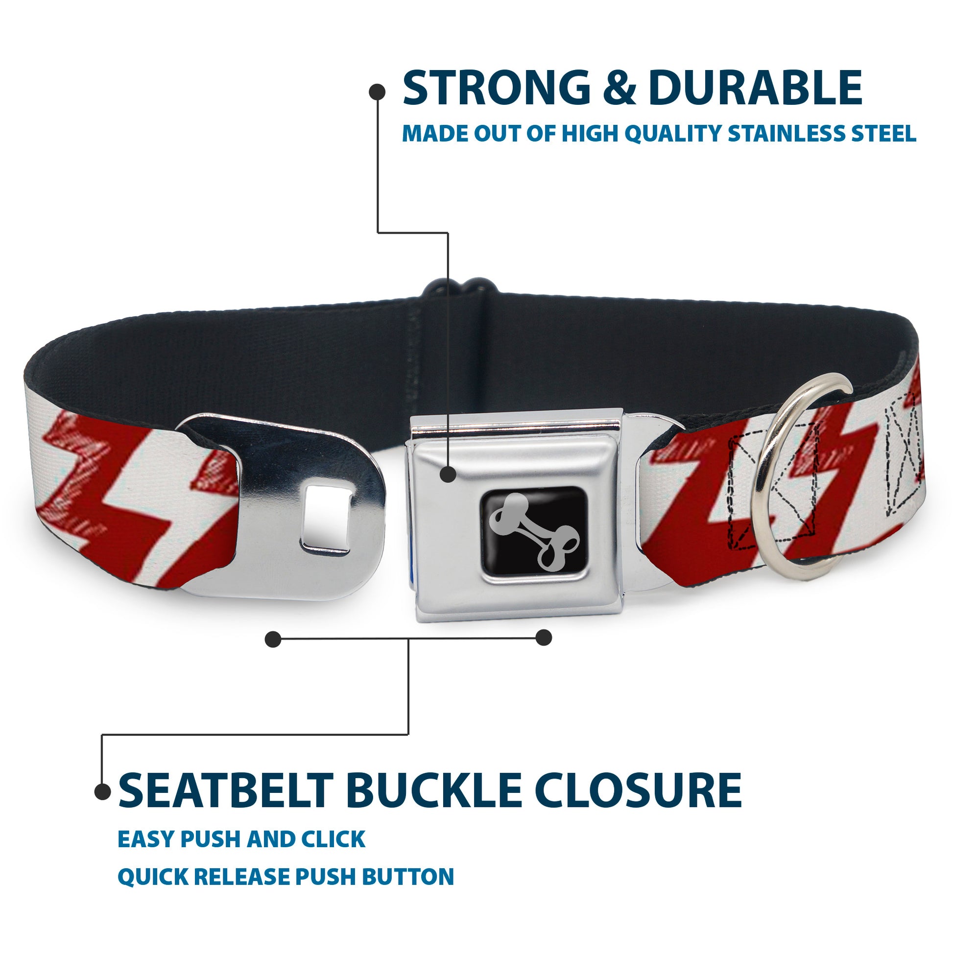 Dog Bone Seatbelt Buckle Collar - Lightning Bolts Sketch Red/White Seatbelt Buckle Collars Buckle-Down