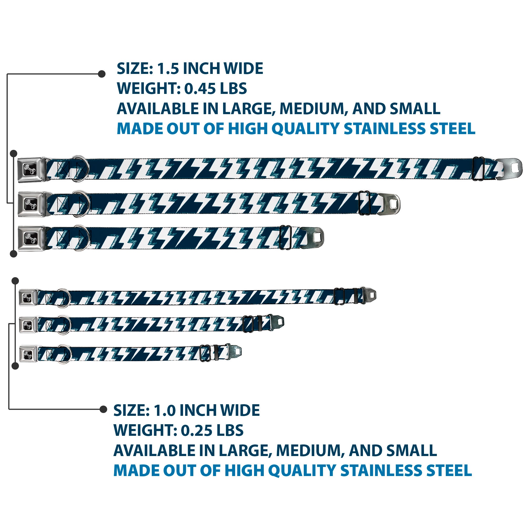 Dog Bone Seatbelt Buckle Collar - Lightning Bolts Sketch Navy/White Seatbelt Buckle Collars Buckle-Down