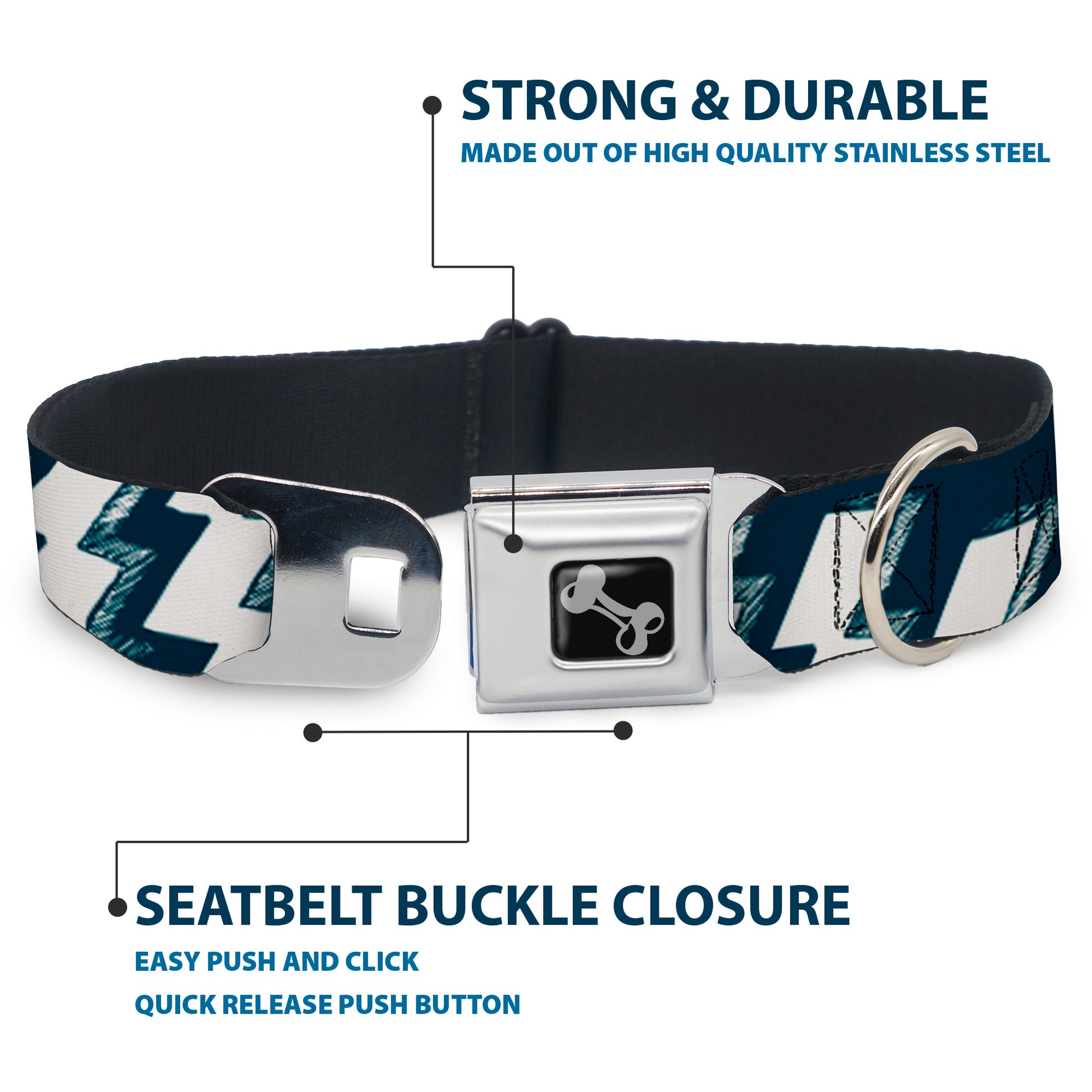 Dog Bone Seatbelt Buckle Collar - Lightning Bolts Sketch Navy/White Seatbelt Buckle Collars Buckle-Down