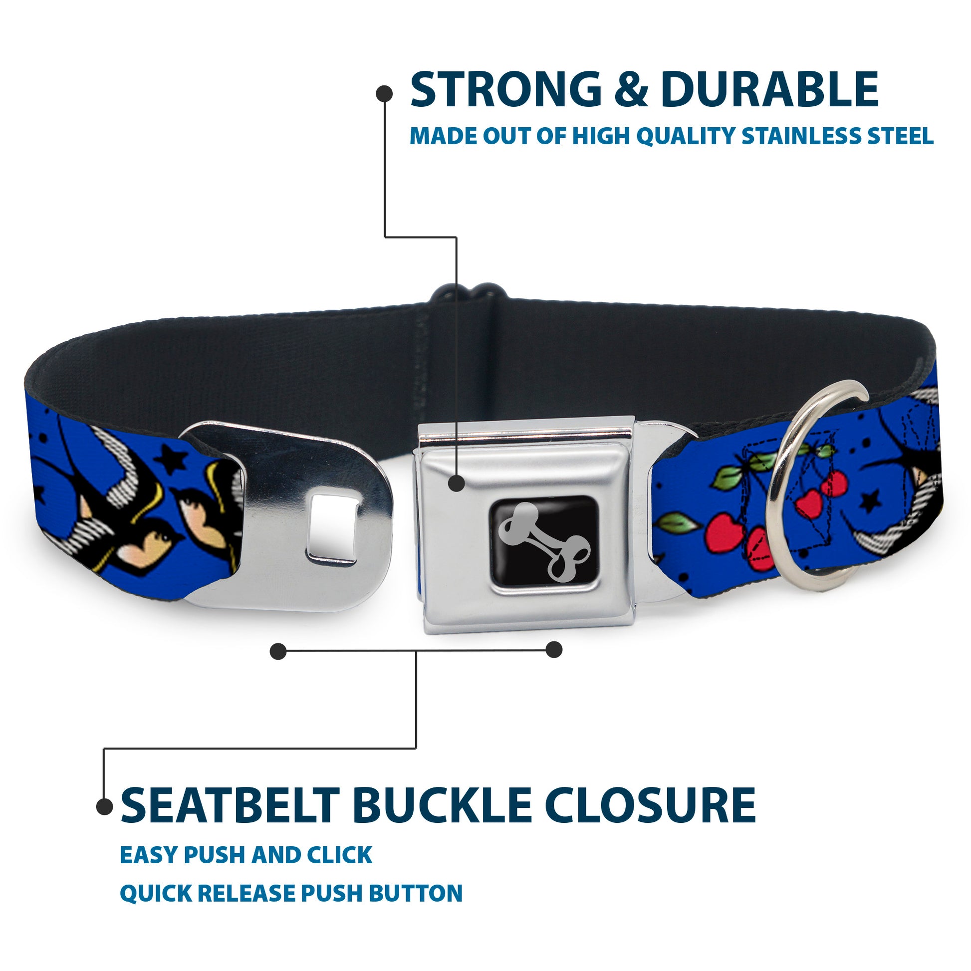 Dog Bone Seatbelt Buckle Collar - Lucky CLOSE-UP Blue Seatbelt Buckle Collars Buckle-Down