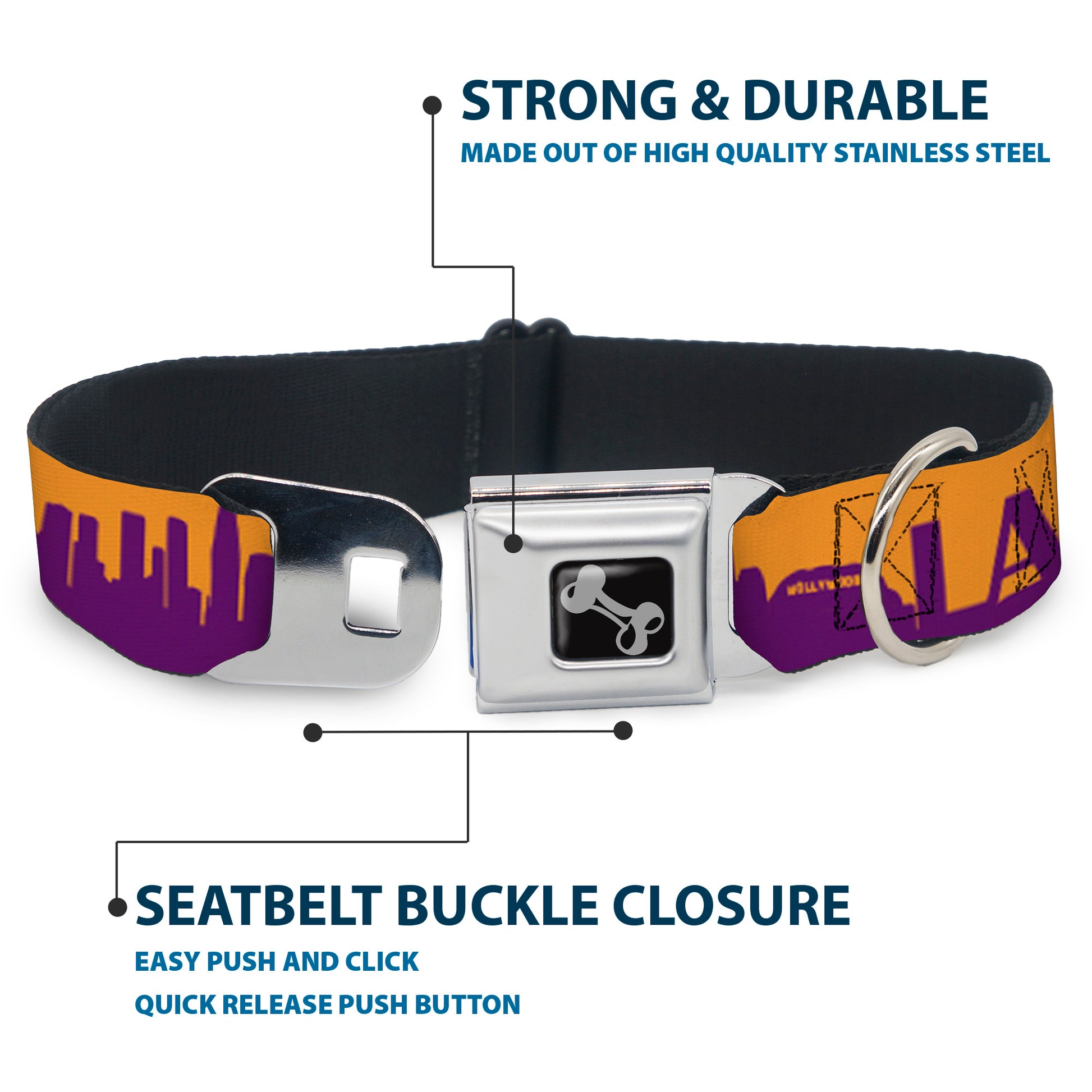 Dog Bone Black/Silver Seatbelt Buckle Collar - Los Angeles Solid Skyline/LA Gold/Purple Seatbelt Buckle Collars Buckle-Down