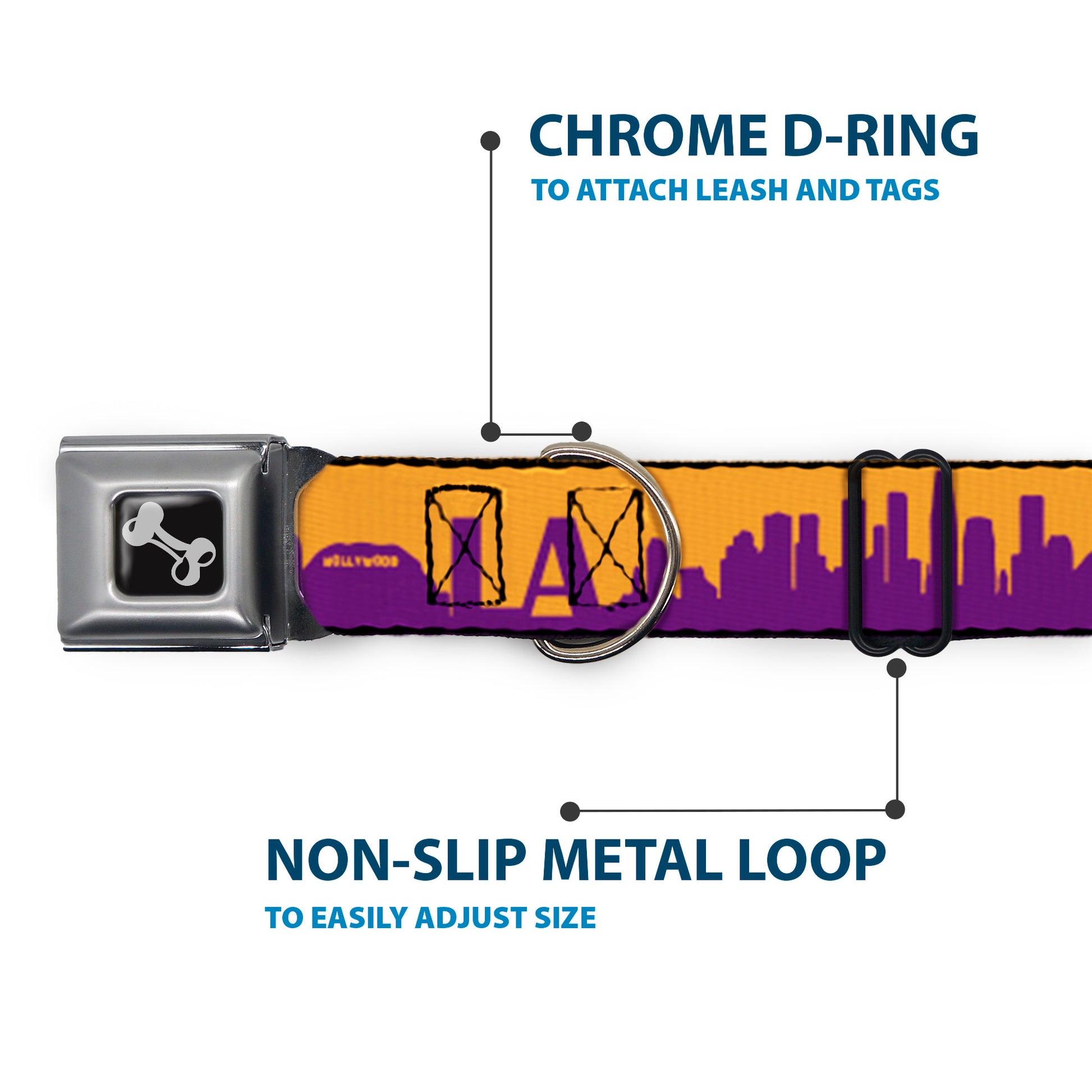 Dog Bone Black/Silver Seatbelt Buckle Collar - Los Angeles Solid Skyline/LA Gold/Purple Seatbelt Buckle Collars Buckle-Down
