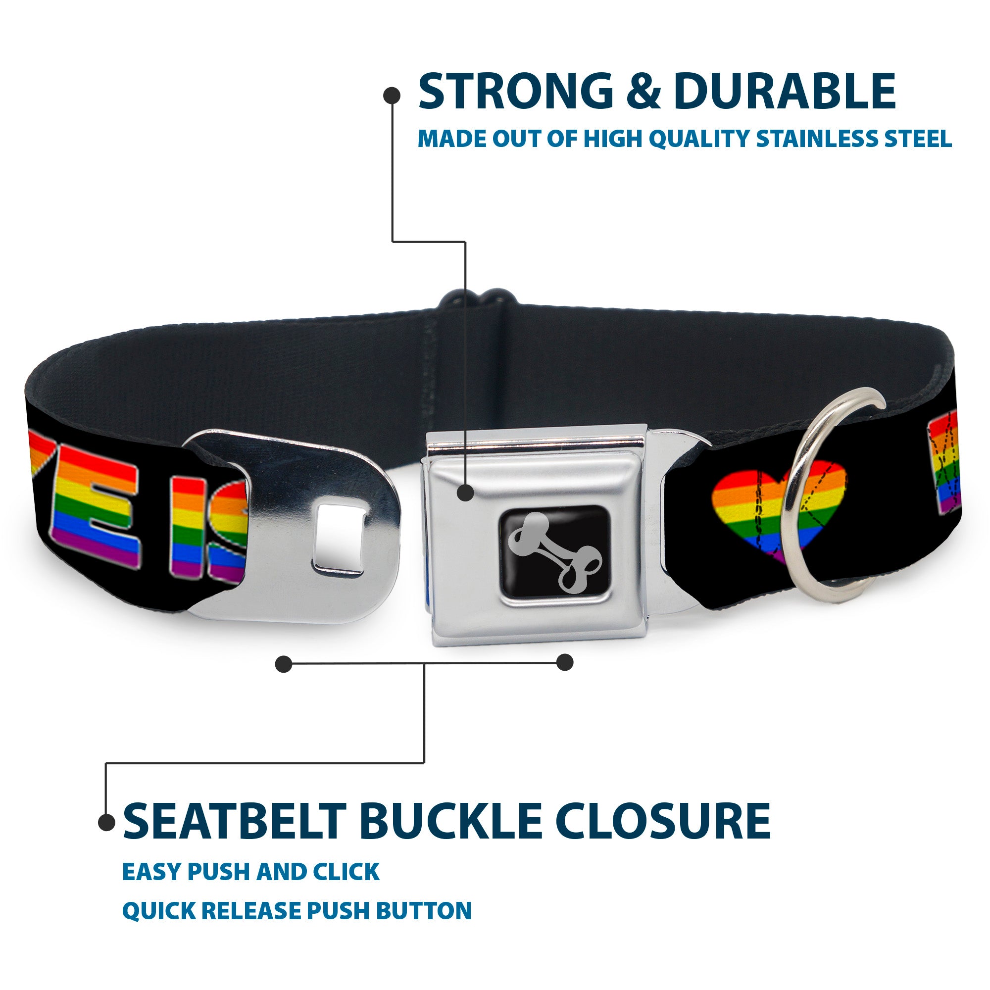 Dog Bone Black/Silver Seatbelt Buckle Collar - LOVE IS LOVE/Heart Black/Rainbow Seatbelt Buckle Collars Buckle-Down