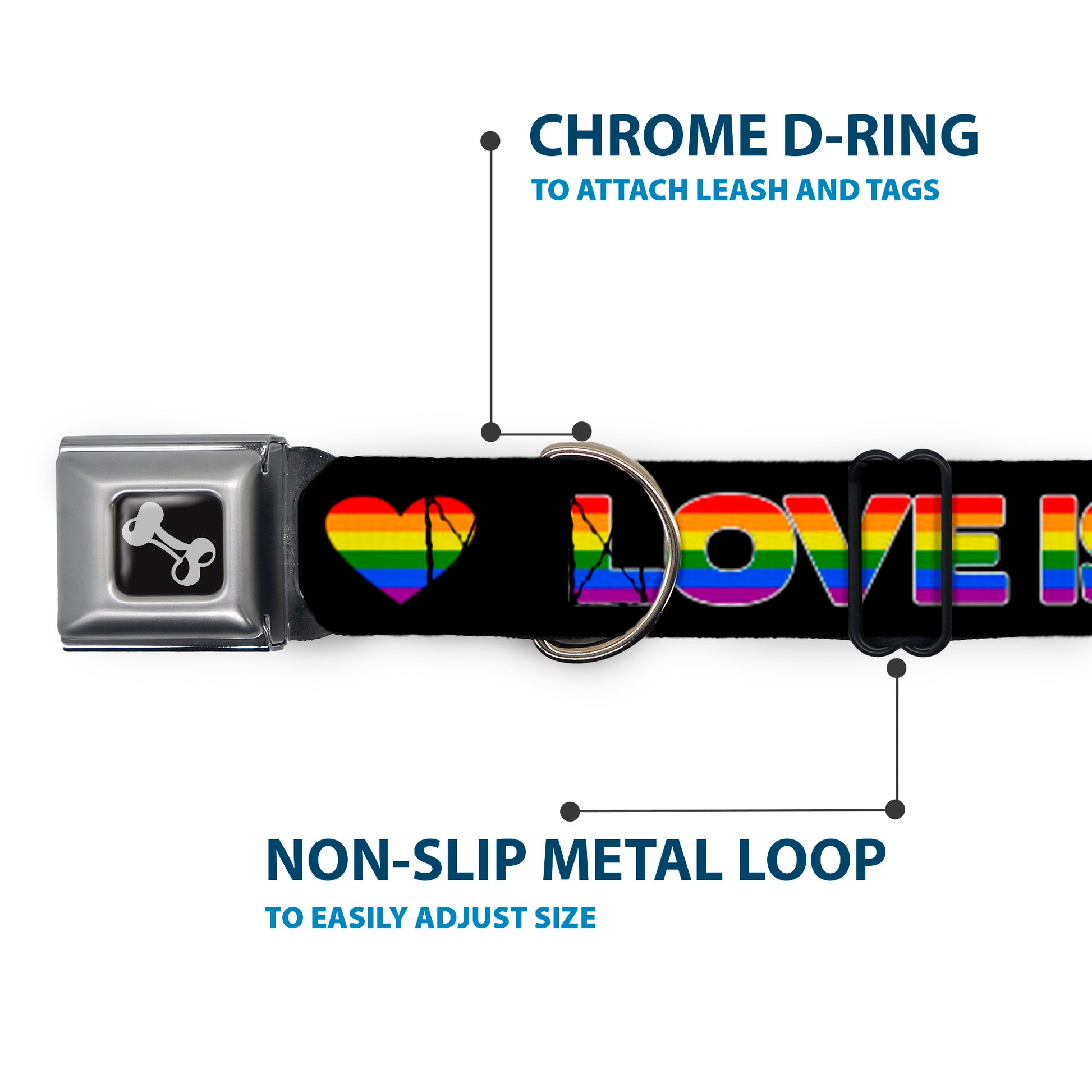 Dog Bone Black/Silver Seatbelt Buckle Collar - LOVE IS LOVE/Heart Black/Rainbow Seatbelt Buckle Collars Buckle-Down