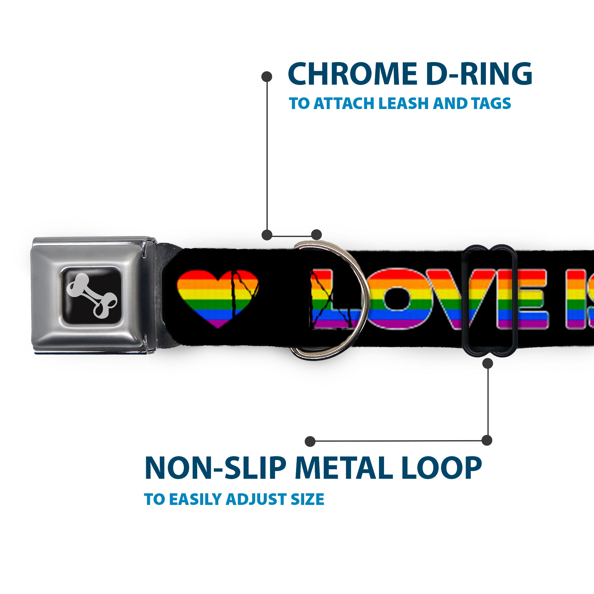 Dog Bone Black/Silver Seatbelt Buckle Collar - LOVE IS LOVE/Heart Black/Rainbow Seatbelt Buckle Collars Buckle-Down
