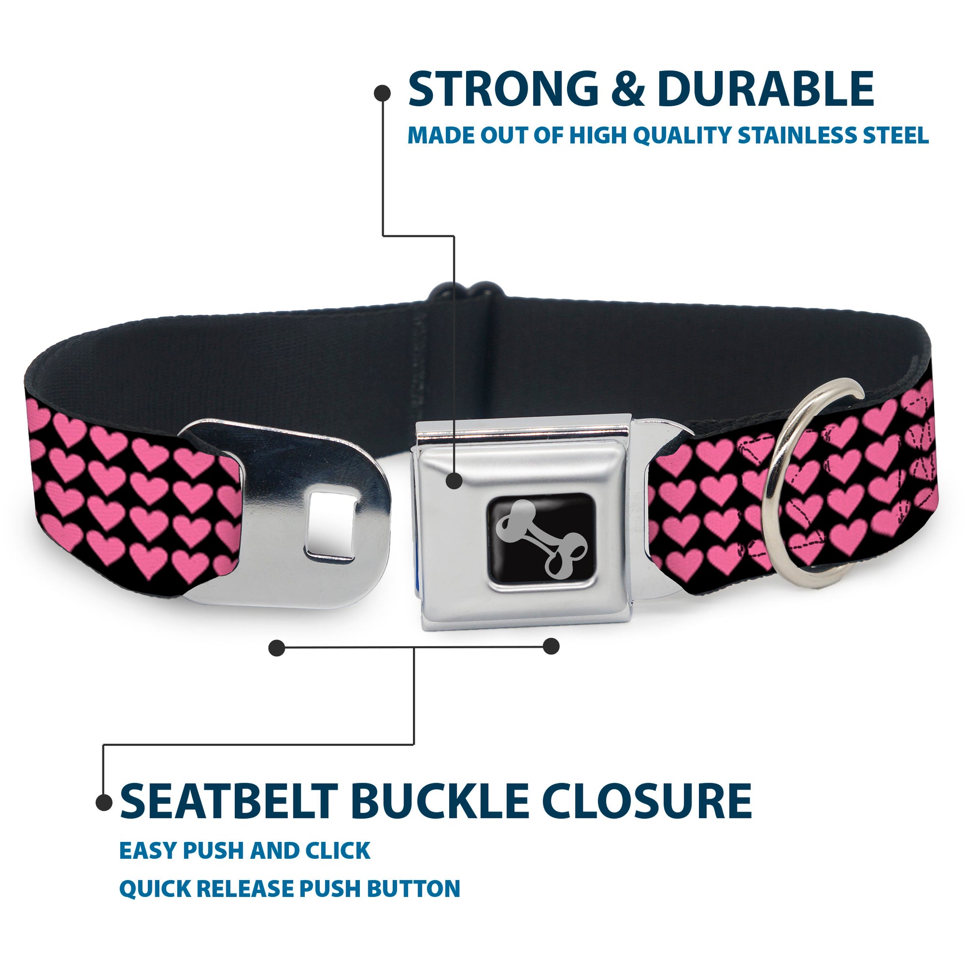 Dog Bone Seatbelt Buckle Collar - Mini Hearts Black/Pink Seatbelt Buckle Collars Buckle-Down