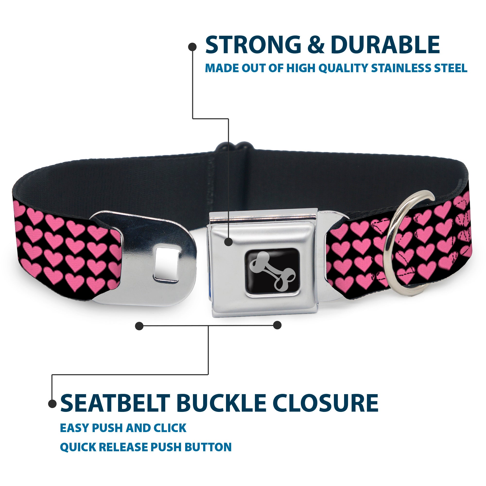 Dog Bone Seatbelt Buckle Collar - Mini Hearts Black/Pink Seatbelt Buckle Collars Buckle-Down