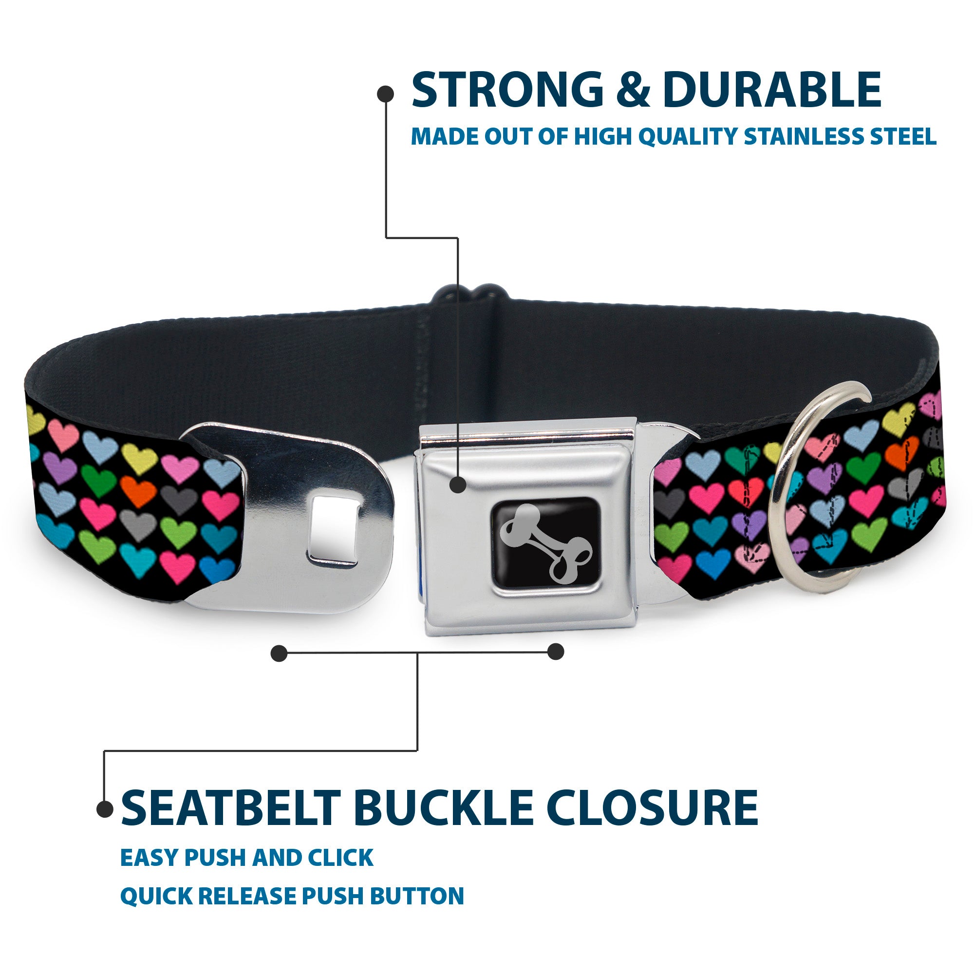 Dog Bone Seatbelt Buckle Collar - Mini Hearts Black/Multi Color Seatbelt Buckle Collars Buckle-Down