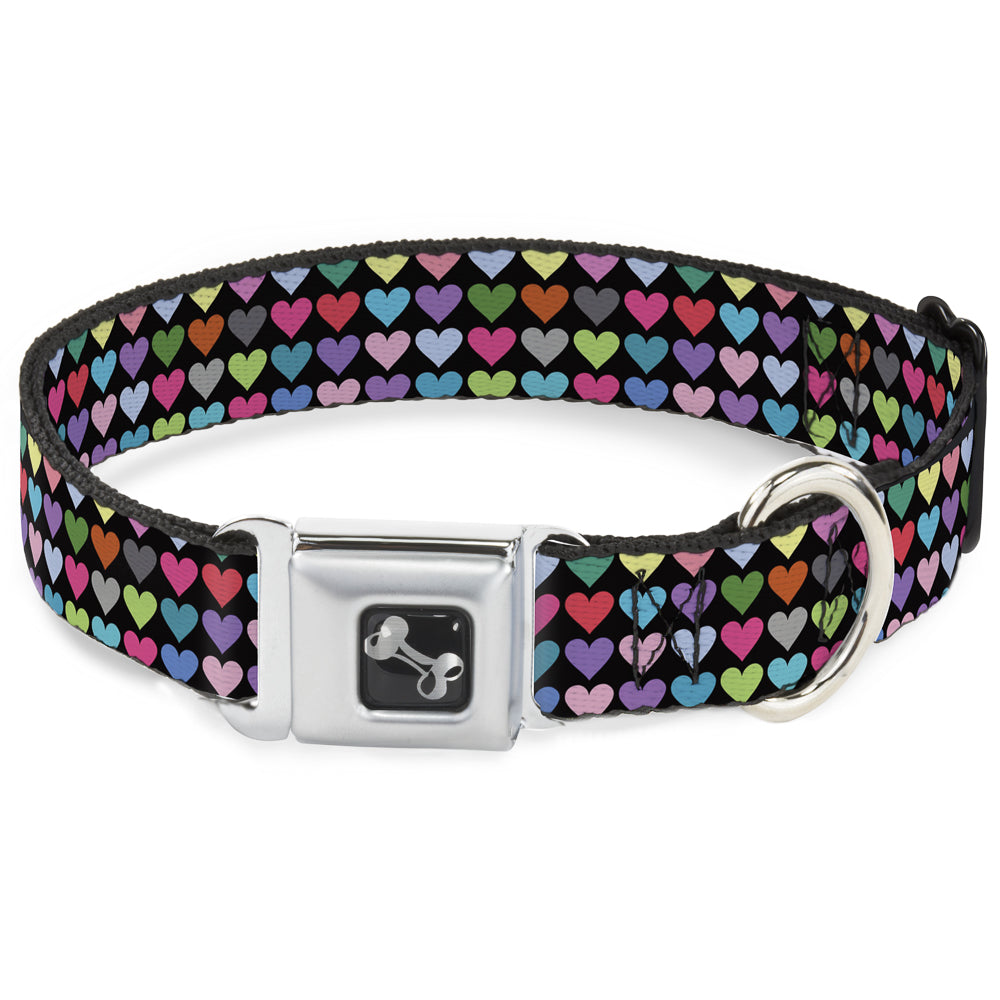 Dog Bone Seatbelt Buckle Collar - Mini Hearts Black/Multi Color Seatbelt Buckle Collars Buckle-Down