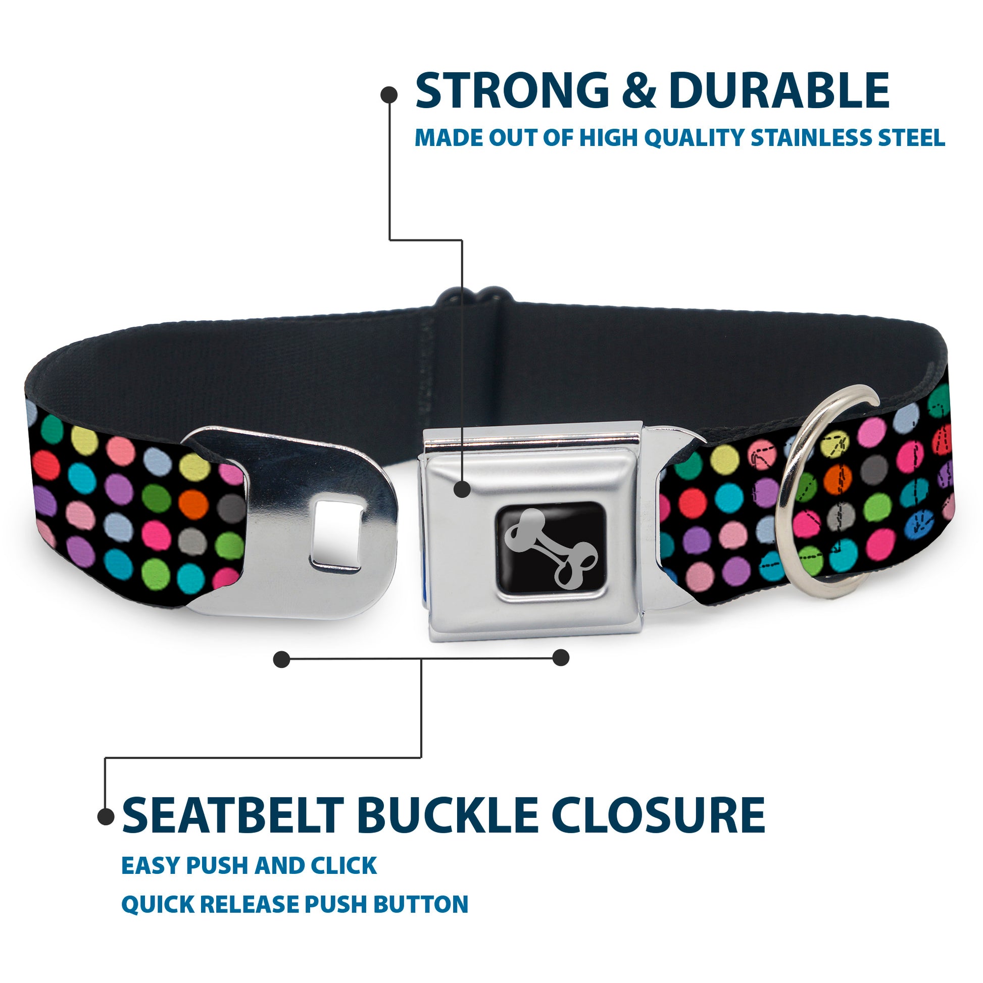 Dog Bone Seatbelt Buckle Collar - Mini Polka Dots Black/Multi Color Seatbelt Buckle Collars Buckle-Down