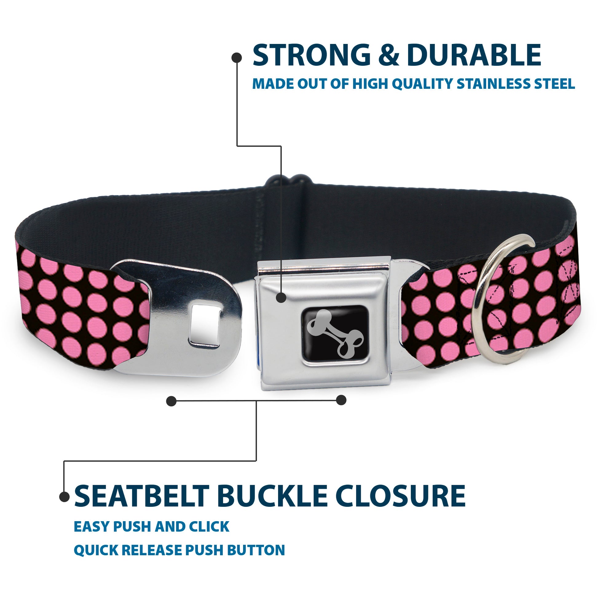 Dog Bone Seatbelt Buckle Collar - Mini Polka Dots Black/Pink Seatbelt Buckle Collars Buckle-Down