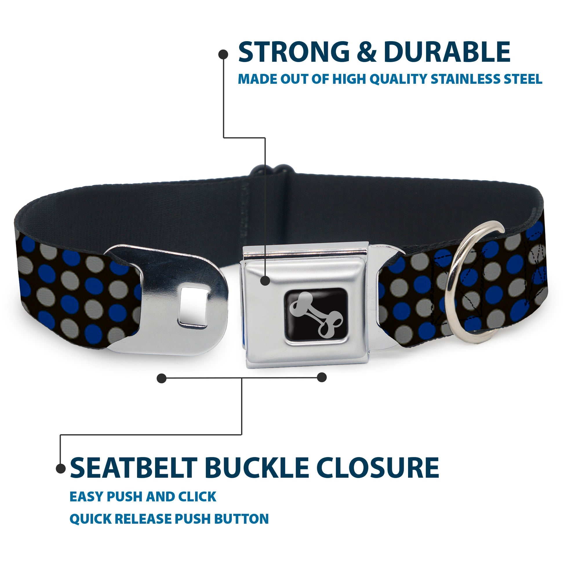 Dog Bone Seatbelt Buckle Collar - Mini Polka Dots Black/Blue/Gray Seatbelt Buckle Collars Buckle-Down