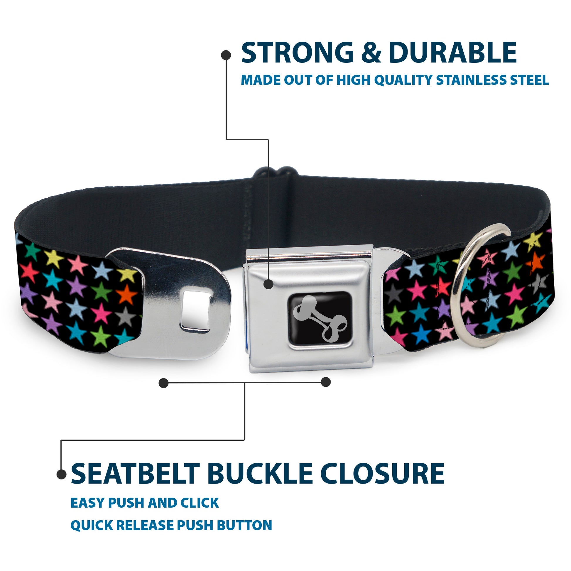 Dog Bone Seatbelt Buckle Collar - Mini Stars Black/Multi Color Seatbelt Buckle Collars Buckle-Down
