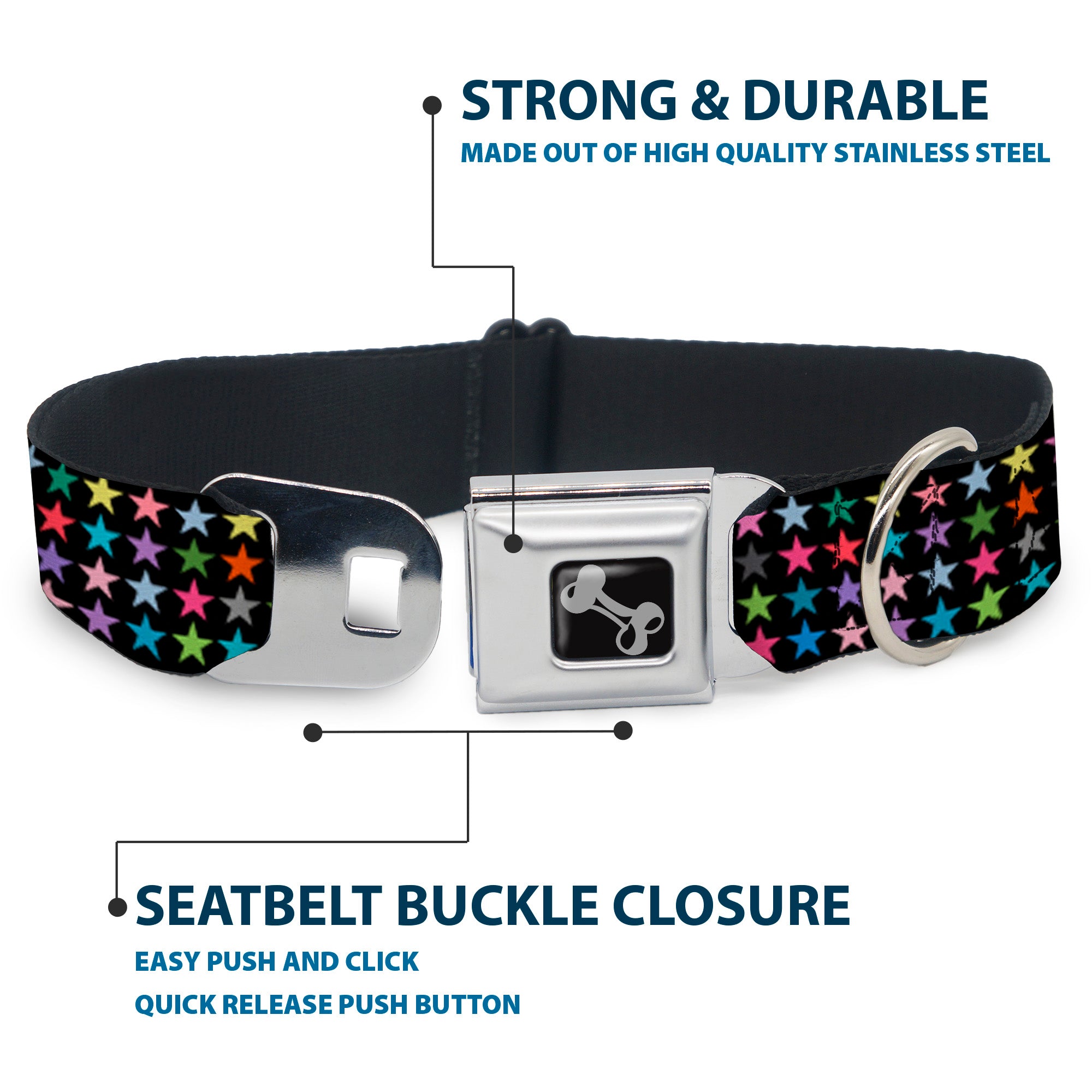 Dog Bone Seatbelt Buckle Collar - Mini Stars Black/Multi Color Seatbelt Buckle Collars Buckle-Down
