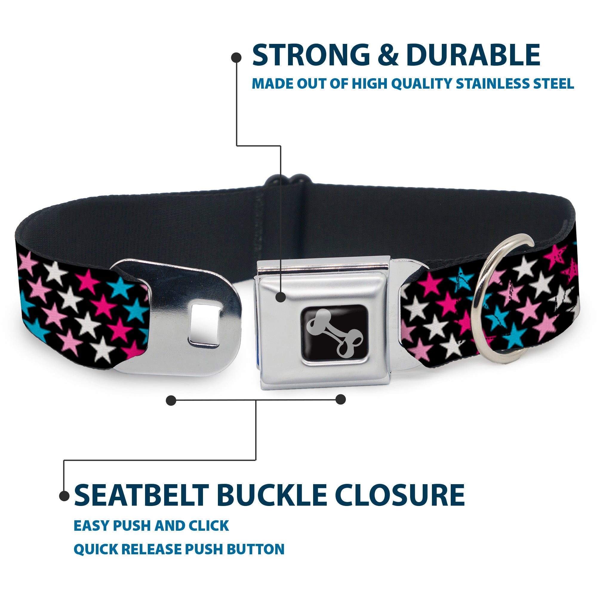 Dog Bone Seatbelt Buckle Collar - Mini Stars Black/Pink/Blue/White Seatbelt Buckle Collars Buckle-Down