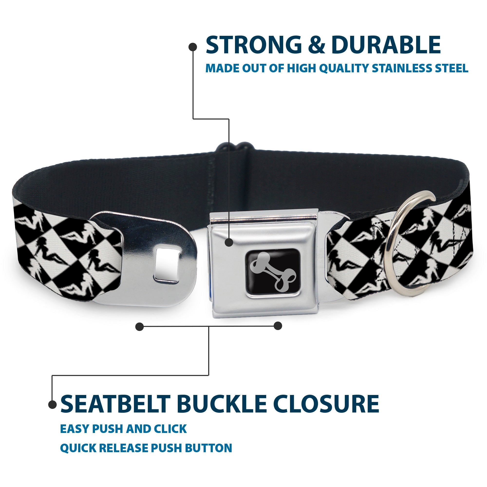 Dog Bone Seatbelt Buckle Collar - Mud Flap Girl Diamonds Black/White Seatbelt Buckle Collars Buckle-Down