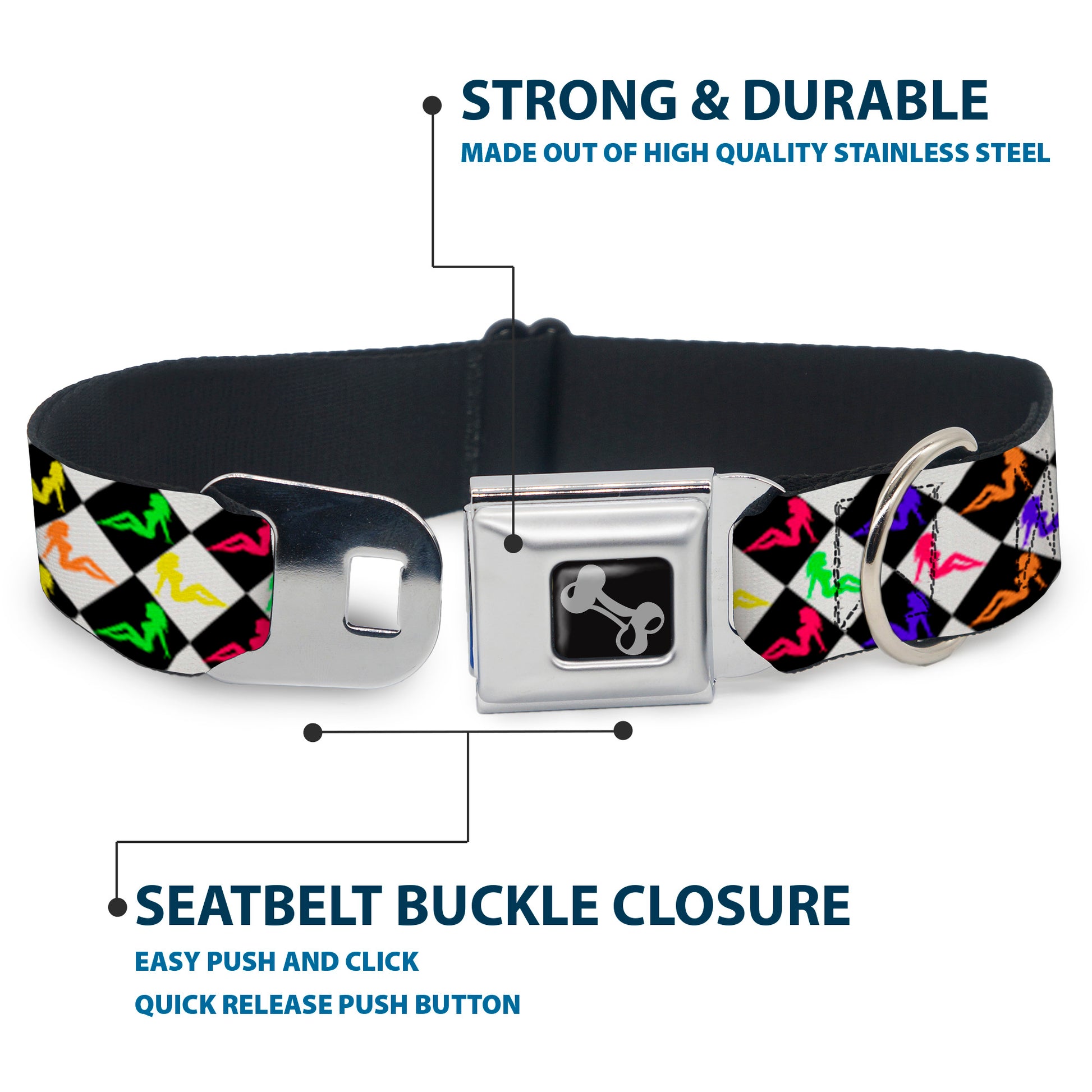 Dog Bone Seatbelt Buckle Collar - Mud Flap Girl Diamonds Black/White/Multi Neon Seatbelt Buckle Collars Buckle-Down