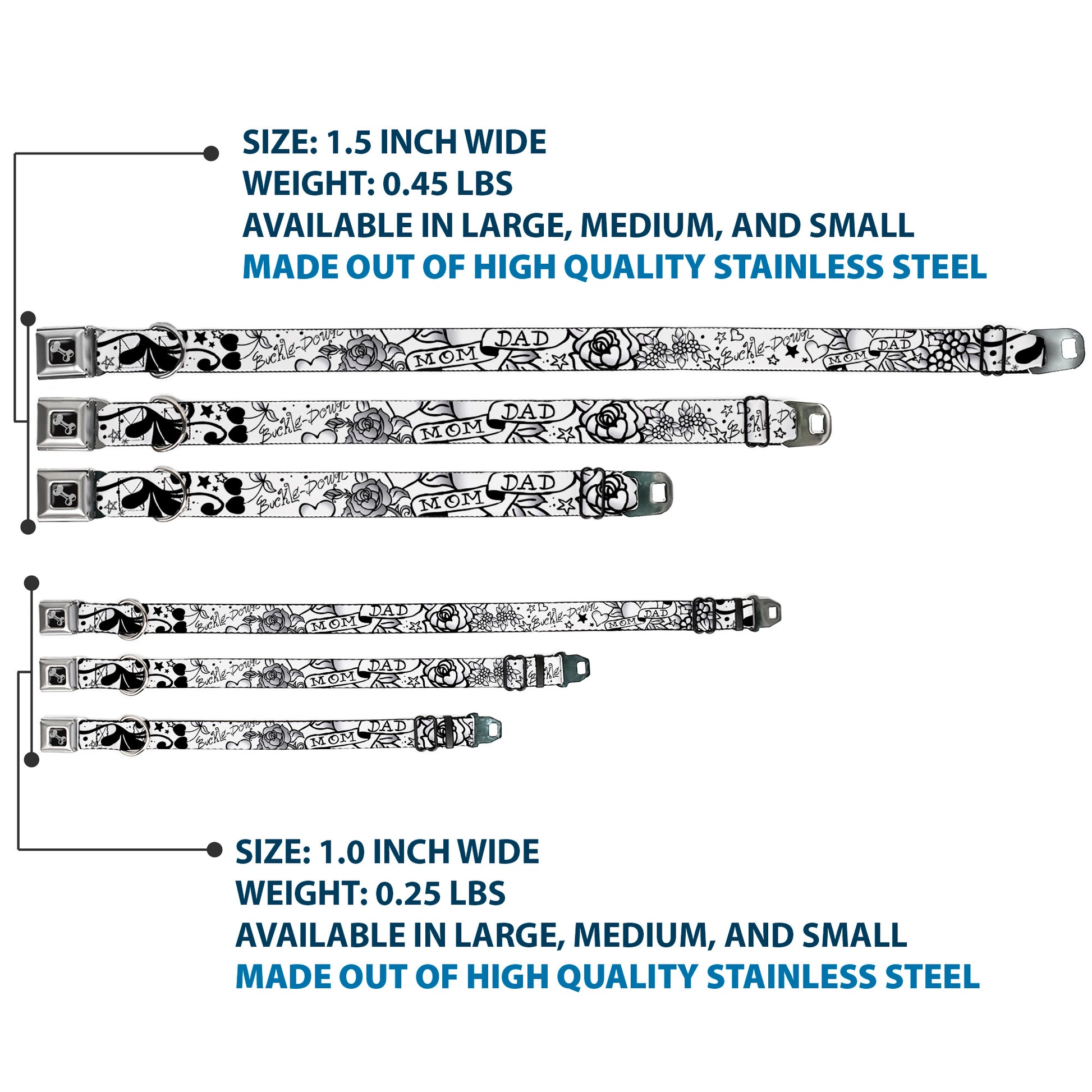 Dog Bone Seatbelt Buckle Collar - Mom & Dad Black/White Seatbelt Buckle Collars Buckle-Down