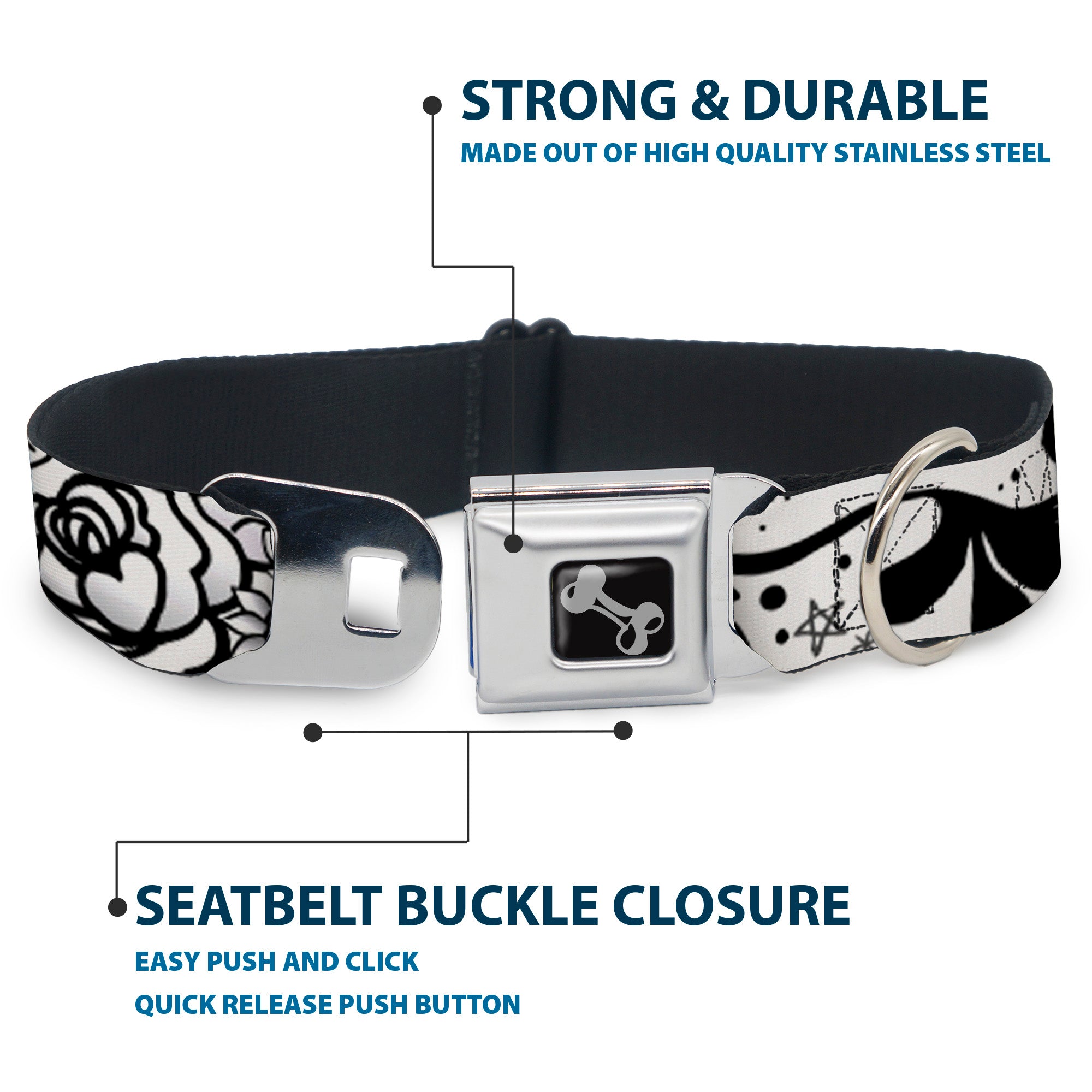 Dog Bone Seatbelt Buckle Collar - Mom & Dad Black/White Seatbelt Buckle Collars Buckle-Down