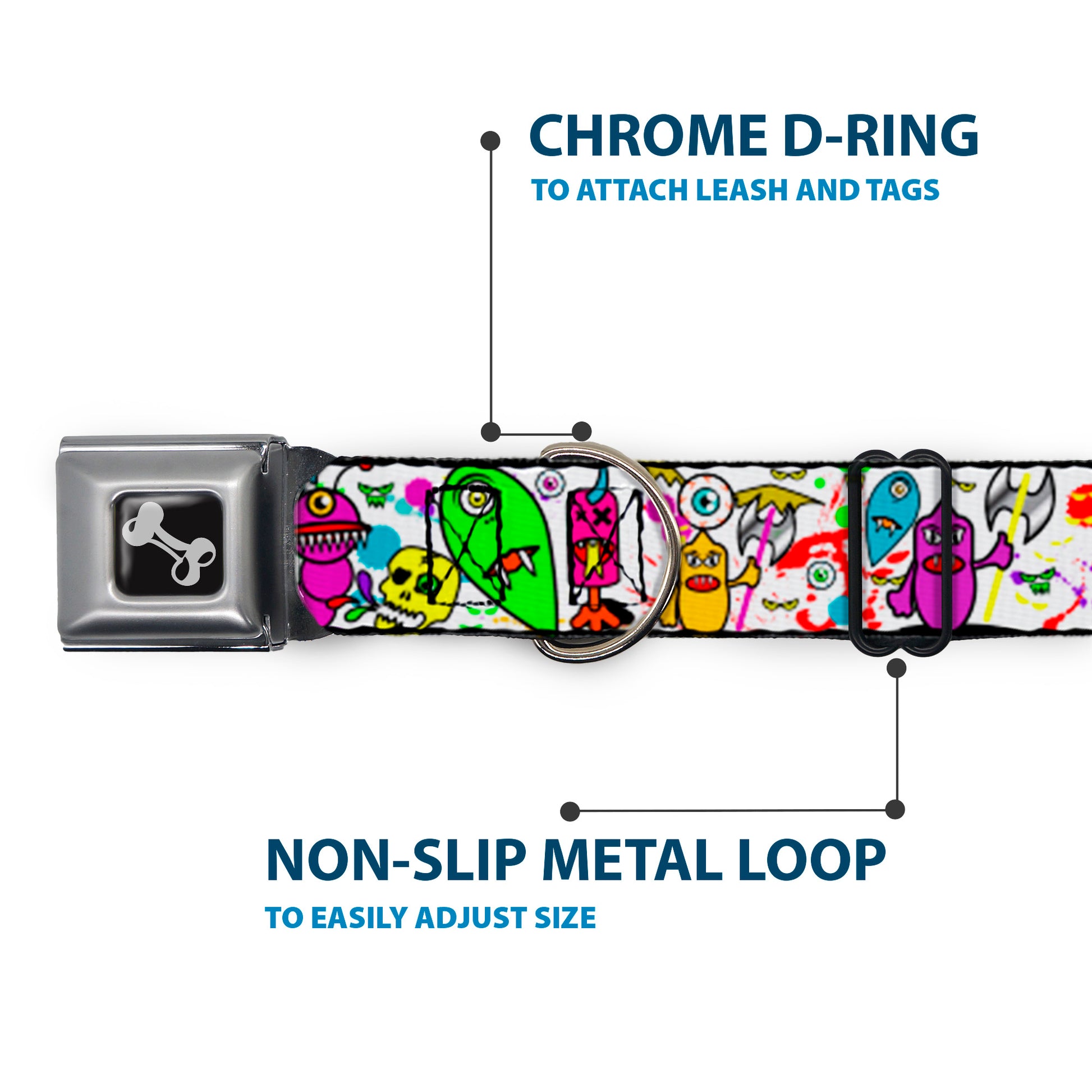 Dog Bone Seatbelt Buckle Collar - Monsters White Seatbelt Buckle Collars Buckle-Down