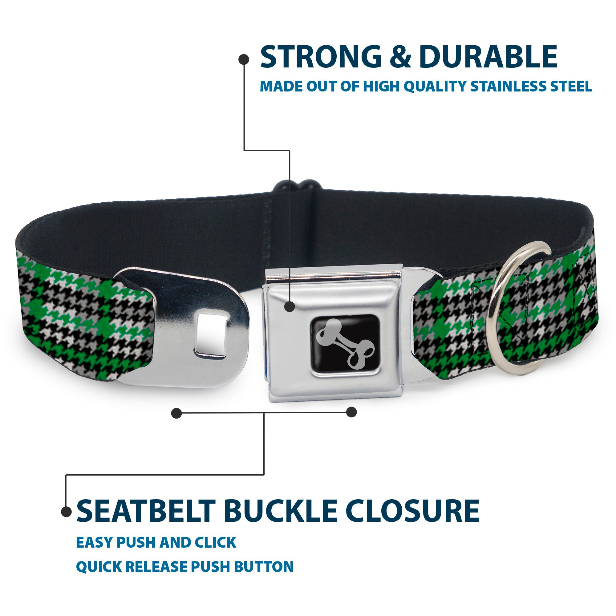 Dog Bone Seatbelt Buckle Collar - Mini Houndstooth Green/Black/Gray Seatbelt Buckle Collars Buckle-Down