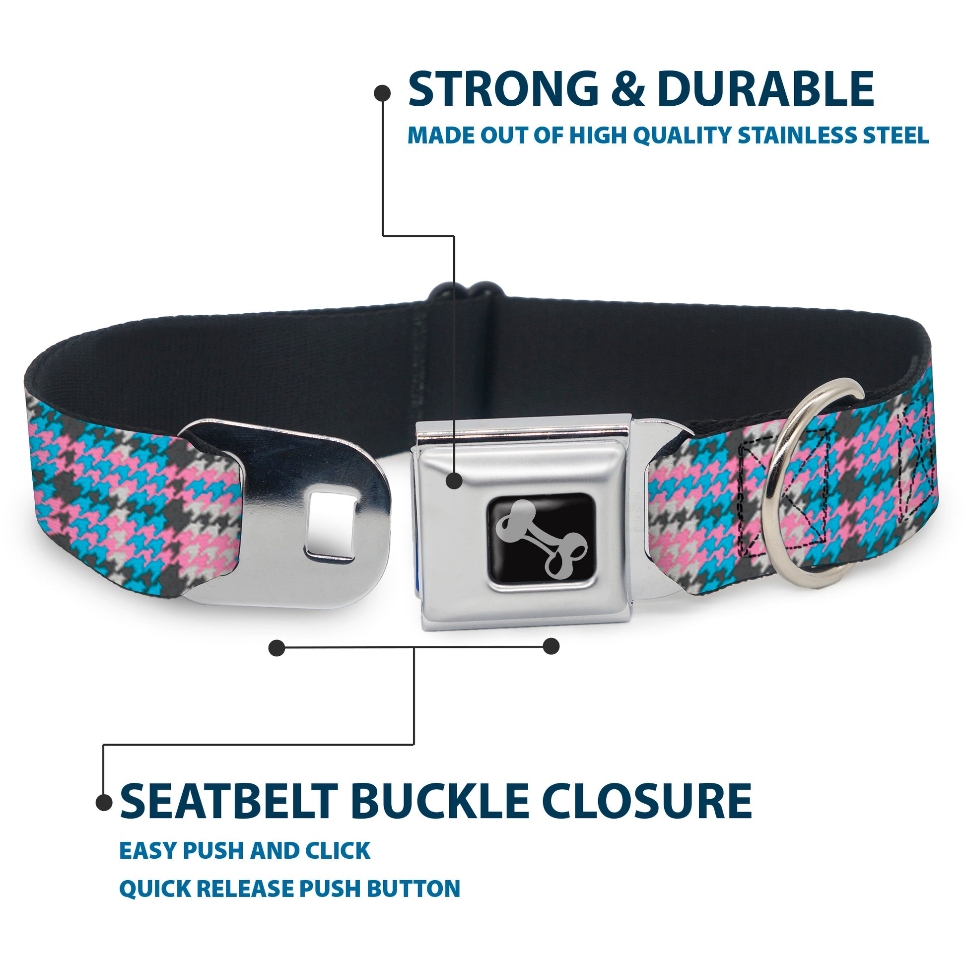 Dog Bone Seatbelt Buckle Collar - Mini Houndstooth Gray/Baby Blue/Pink Seatbelt Buckle Collars Buckle-Down