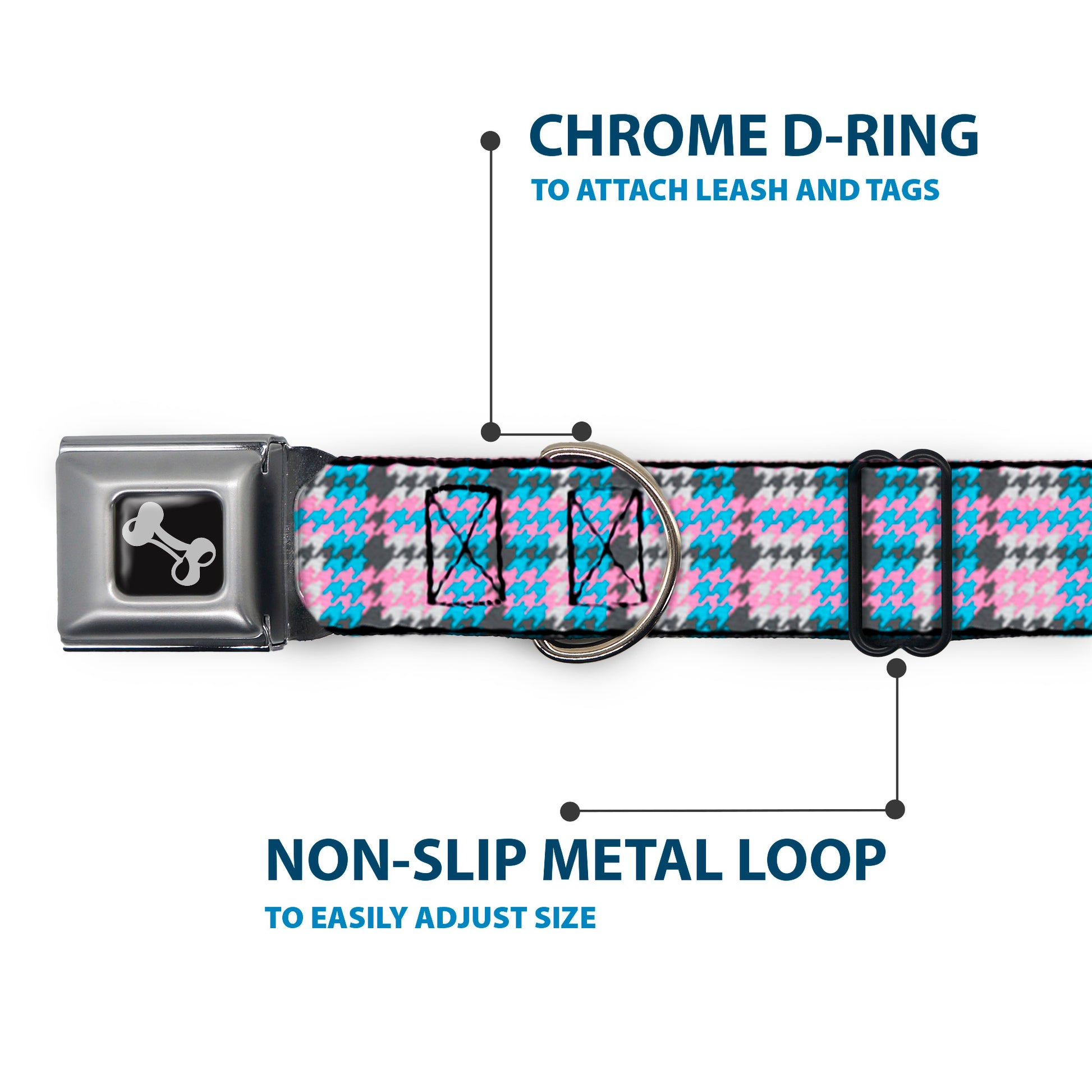 Dog Bone Seatbelt Buckle Collar - Mini Houndstooth Gray/Baby Blue/Pink Seatbelt Buckle Collars Buckle-Down