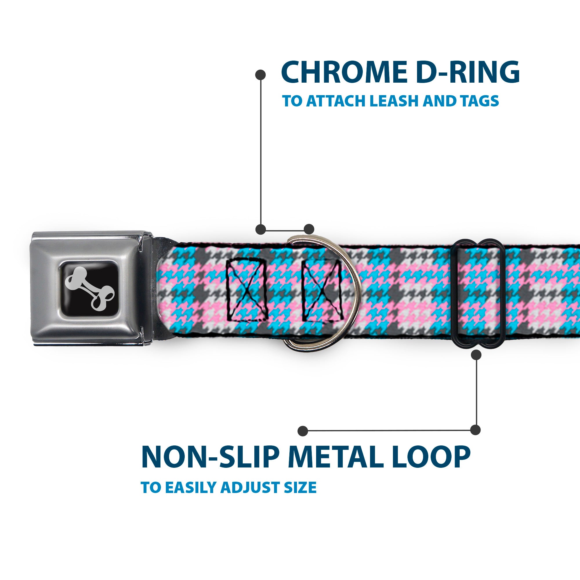 Dog Bone Seatbelt Buckle Collar - Mini Houndstooth Gray/Baby Blue/Pink Seatbelt Buckle Collars Buckle-Down